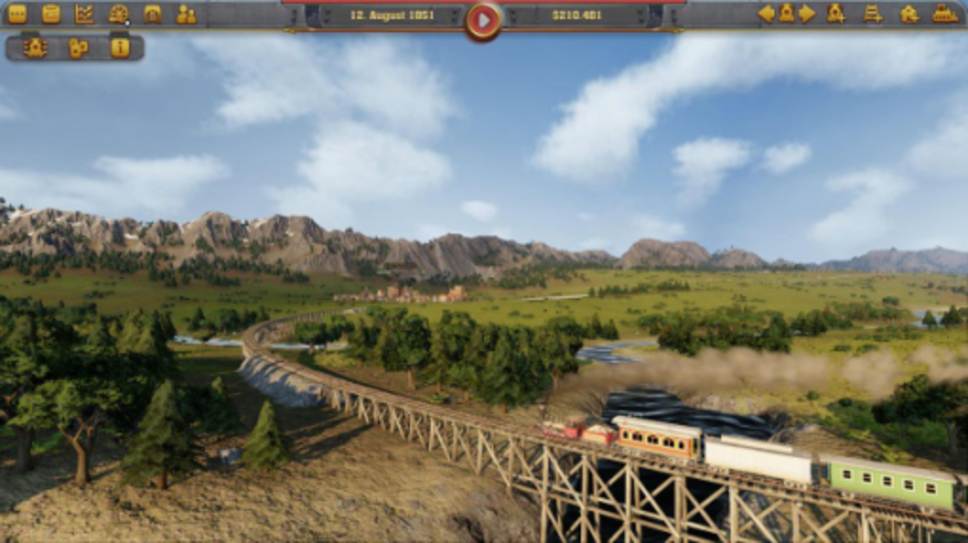 Eine Dampflokomotive überquert eine Holzbrücke in einer bergigen Landschaft.