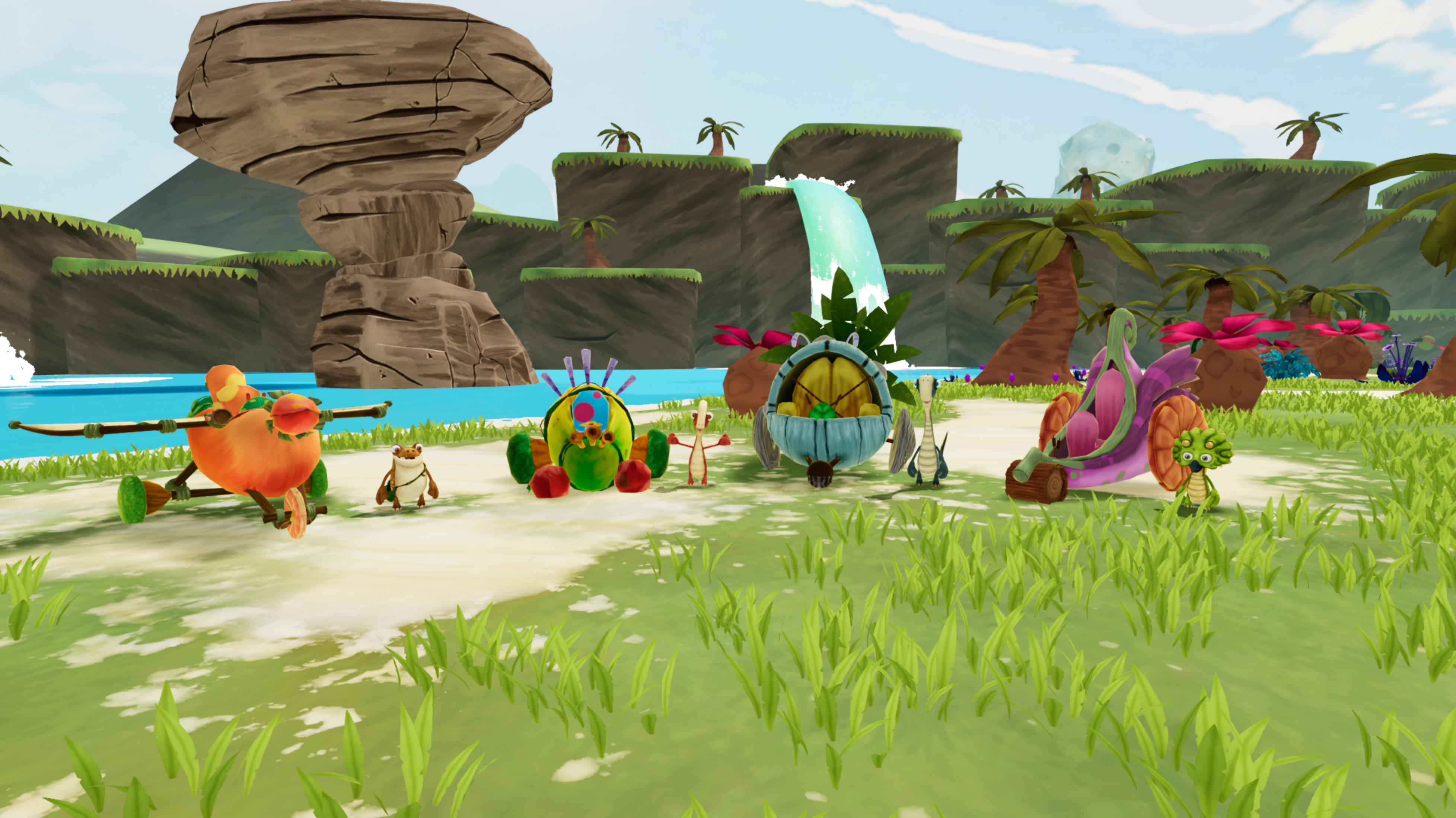 Zeigt eine tropische Landschaft mit Cartoon-Charakteren und einer Wasserfall-Kulisse.