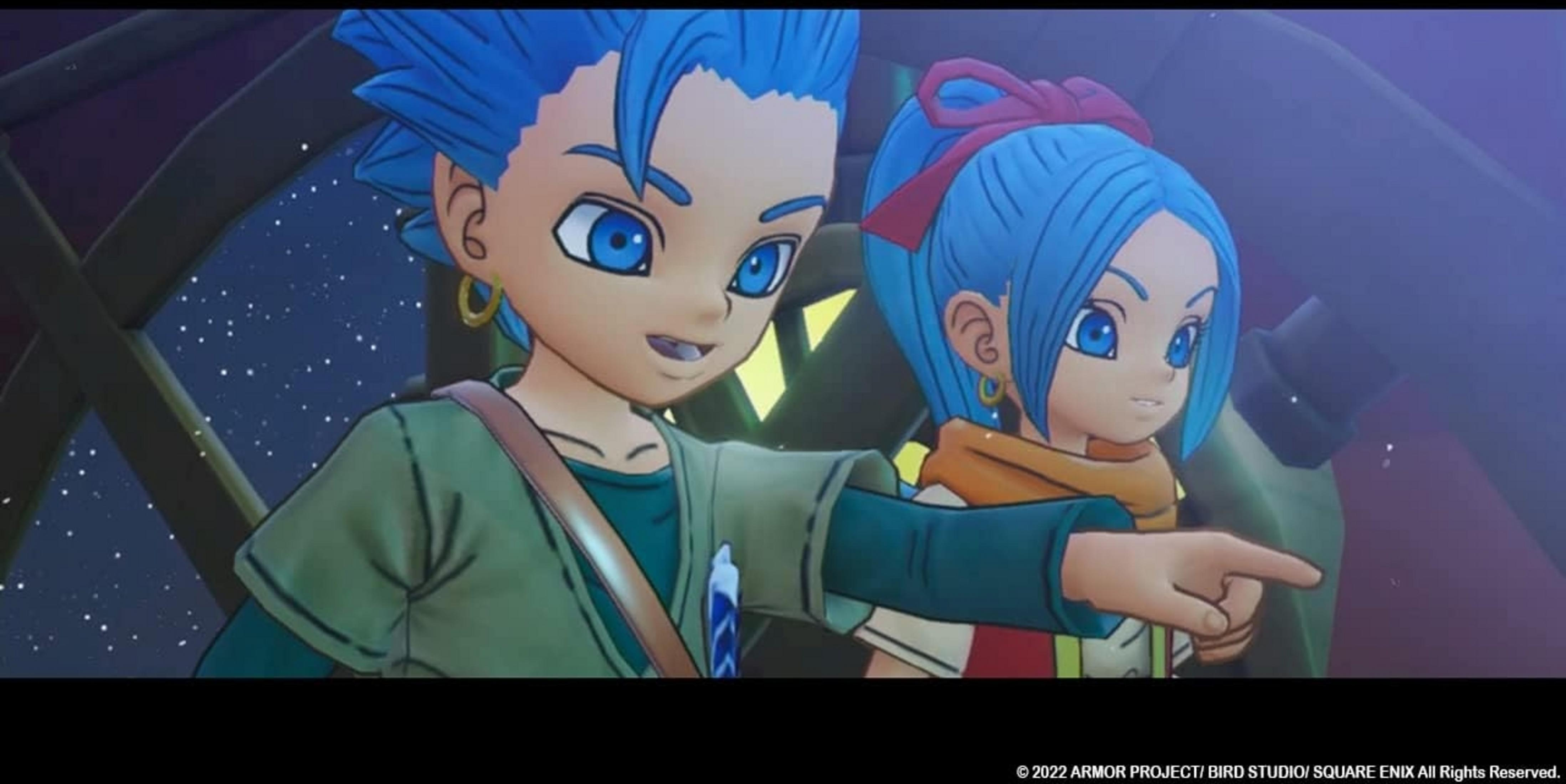 Zwei Anime-Figuren mit blauen Haaren stehen vor einem Sternenhimmel.