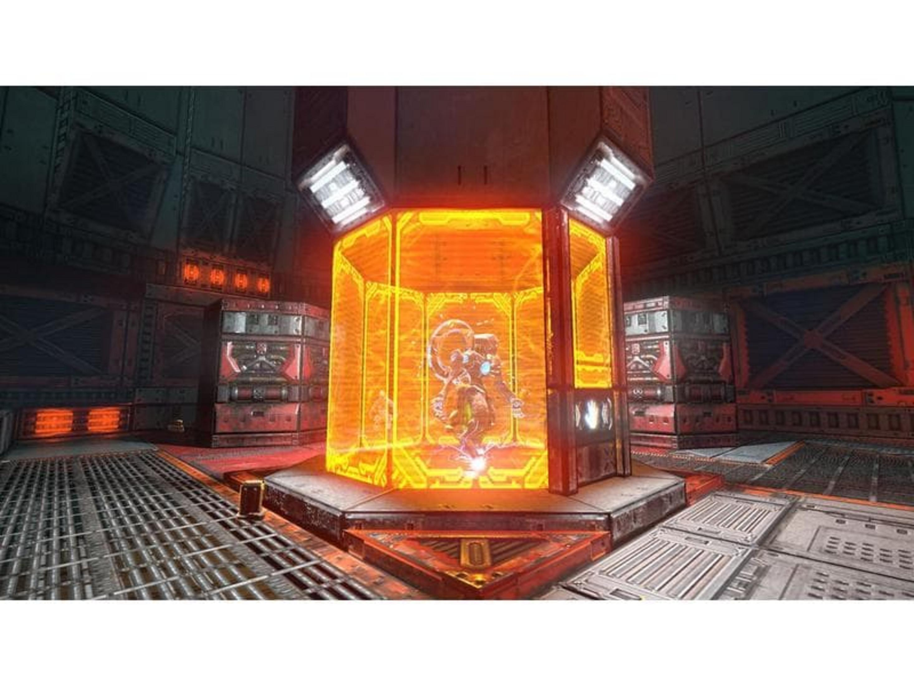 Une pièce futuriste avec une unité de confinement orange lumineuse contenant une figure.