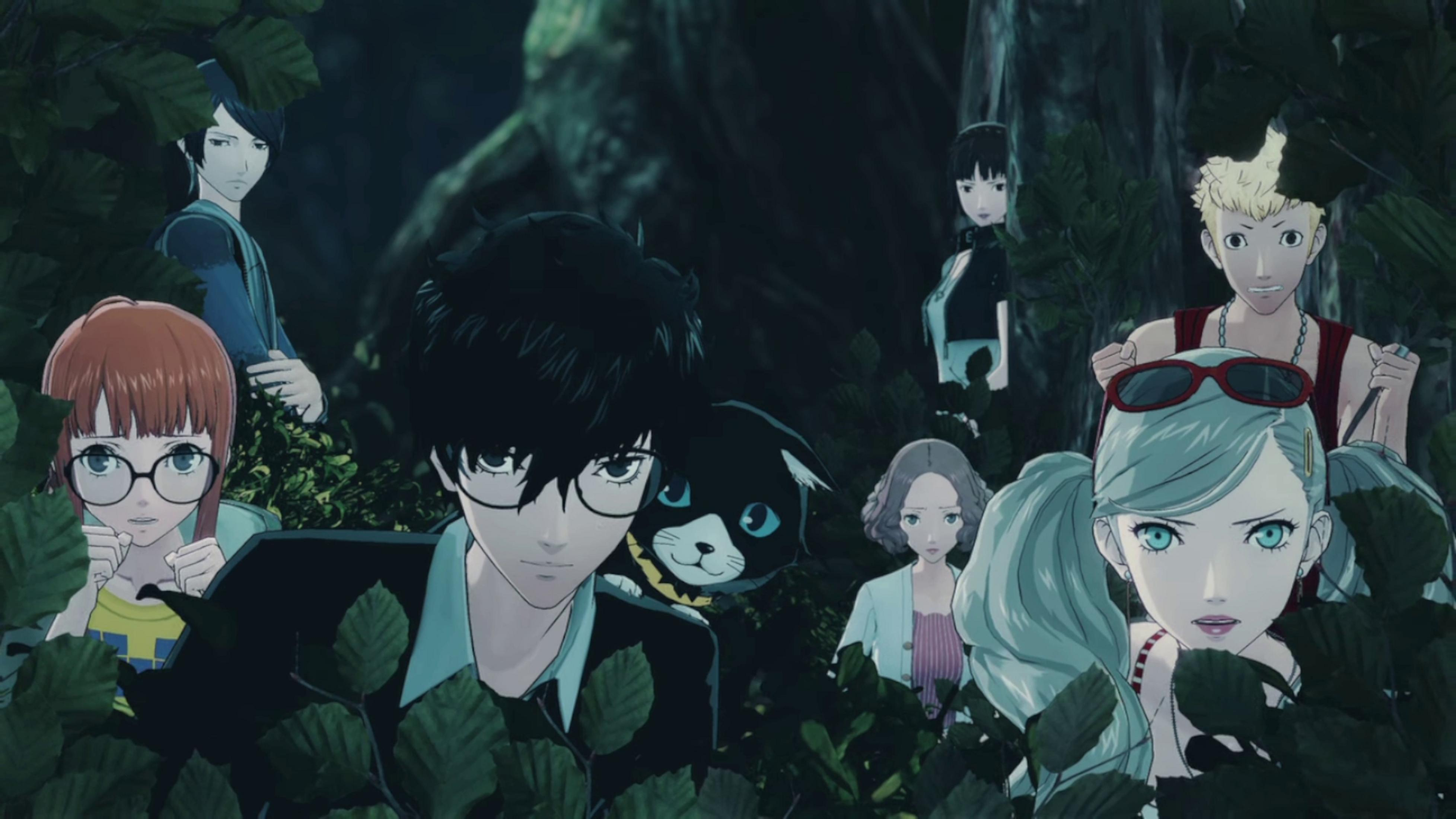 Anime-Charaktere und eine Katze verstecken sich im Wald zwischen Blättern.