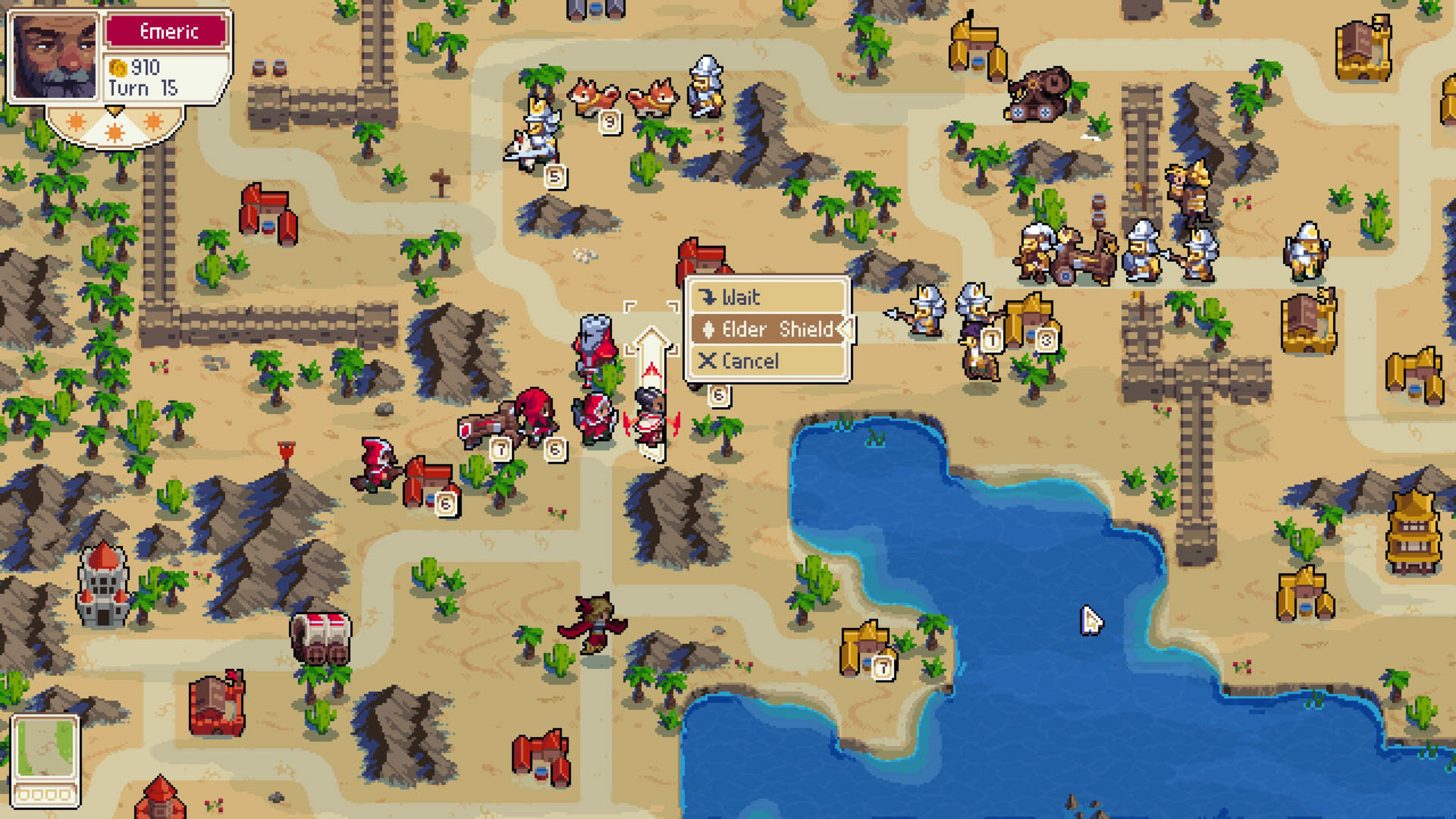 Pixel-Strategiekarte mit Wüstenszene, Truppen und Gebäuden.