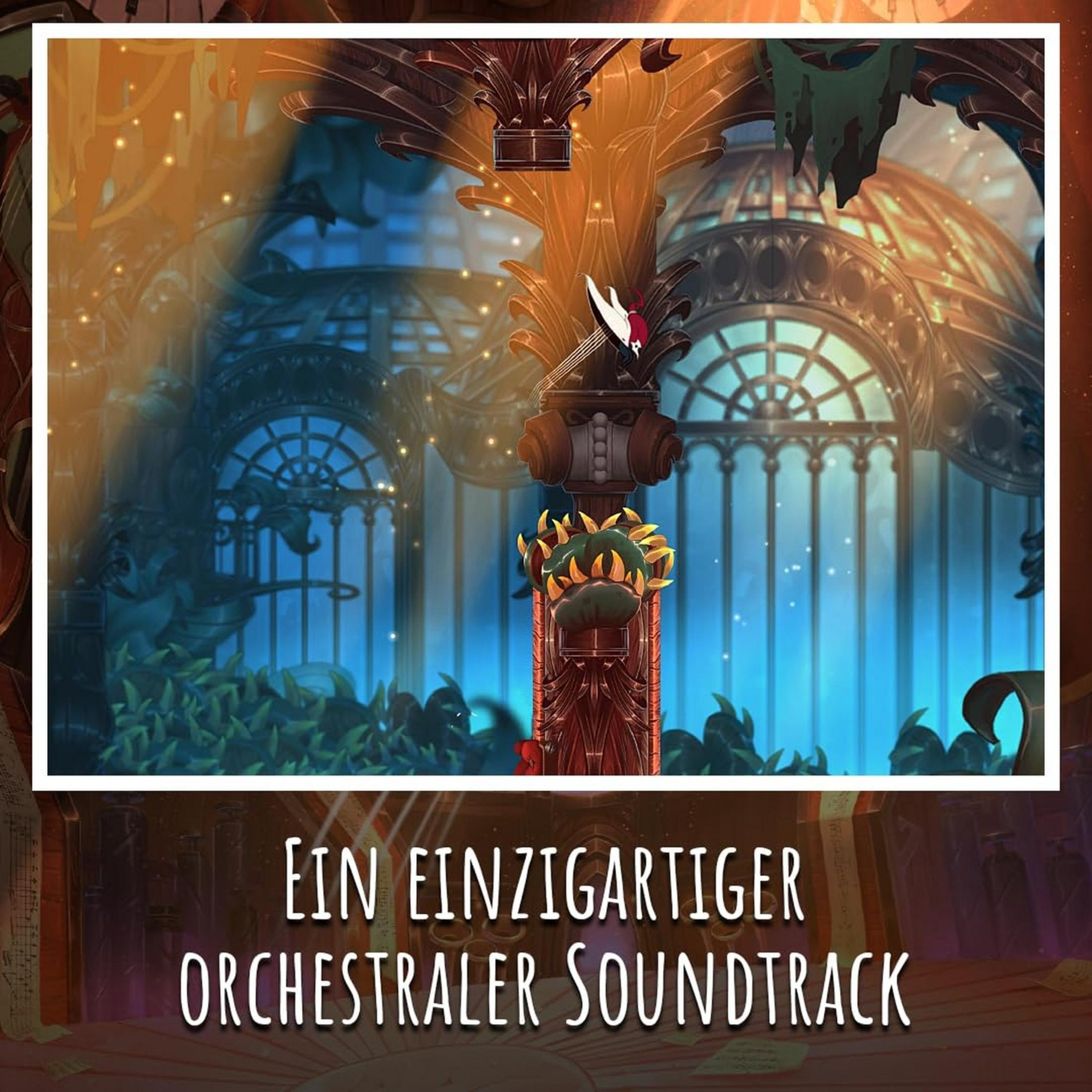 Ein stilisiertes Spiel mit einem Charakter auf einer Plattform, mit Text.