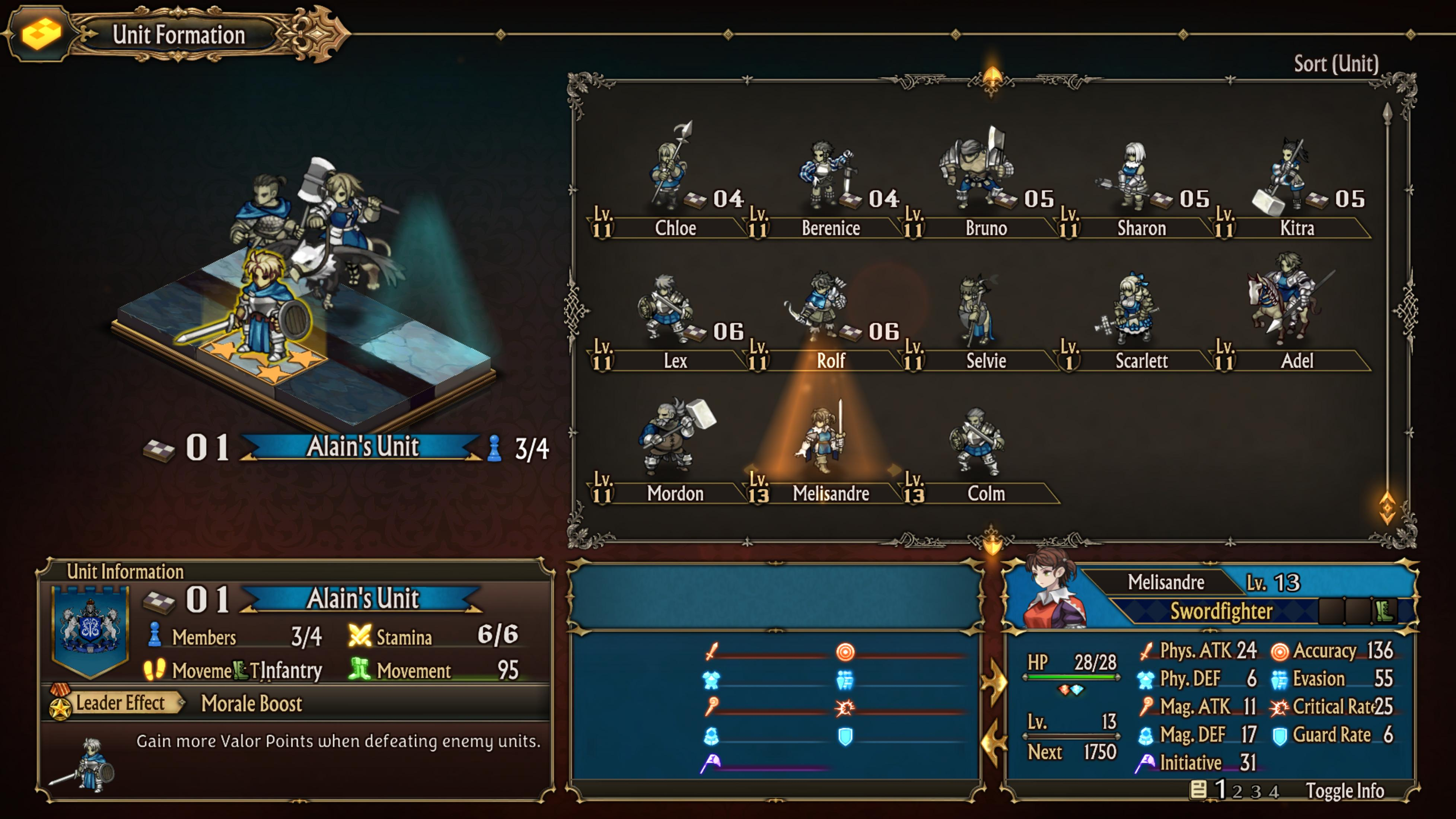 Un écran de RPG tactique montre la formation des unités, avec l'unité d'Alain à gauche.