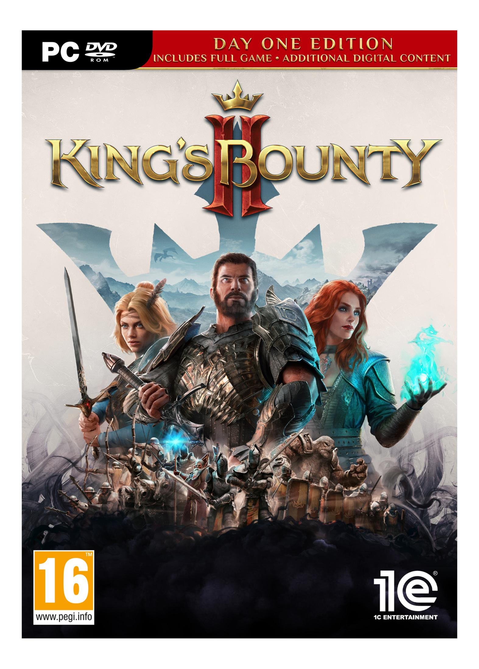 King's Bounty II: Day One Edition Cover. Drei Helden stehen vor einer Kampfszene.