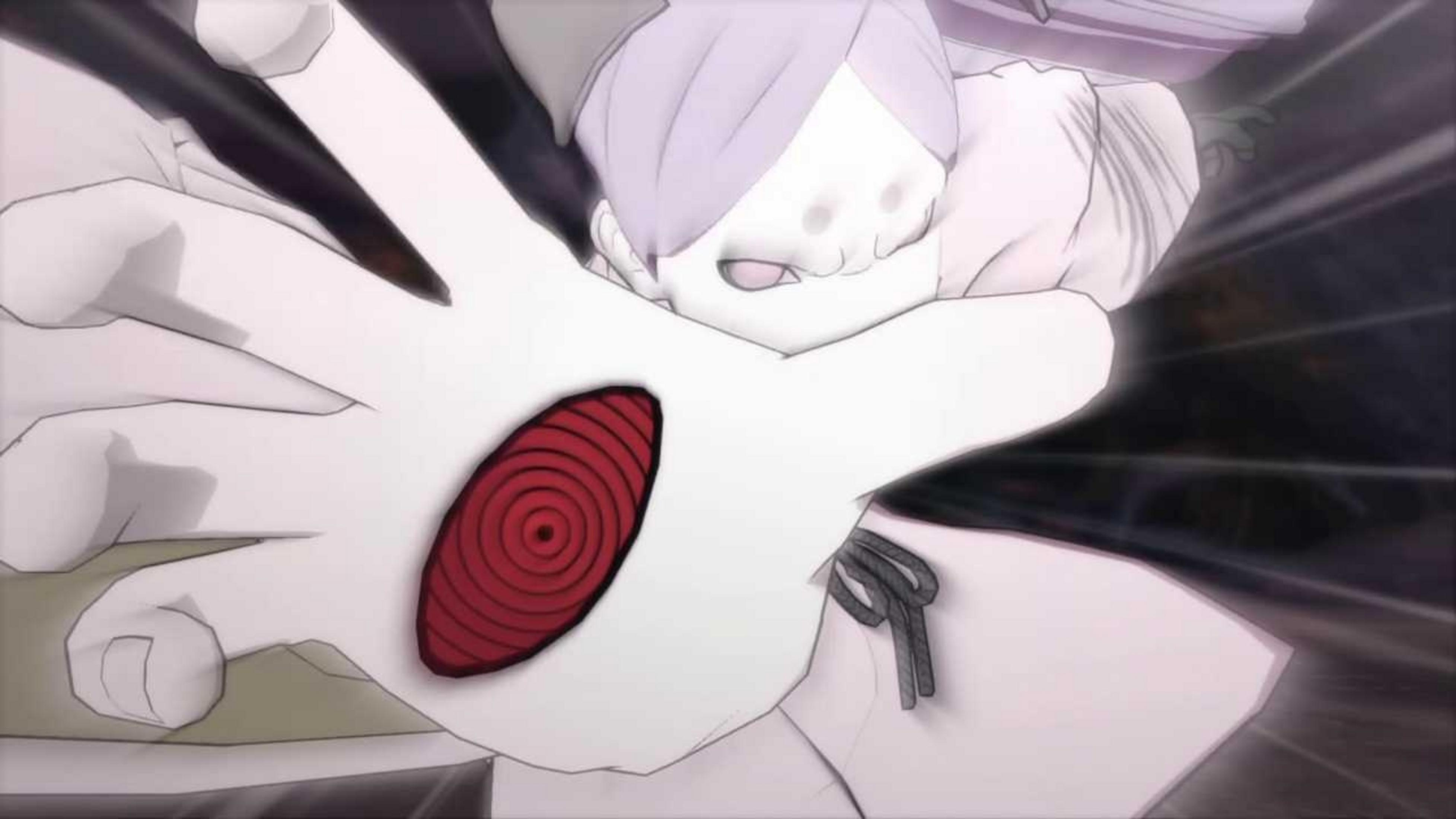 Nahaufnahme einer Hand mit einem roten Rinnegan-Auge auf dem Handrücken.