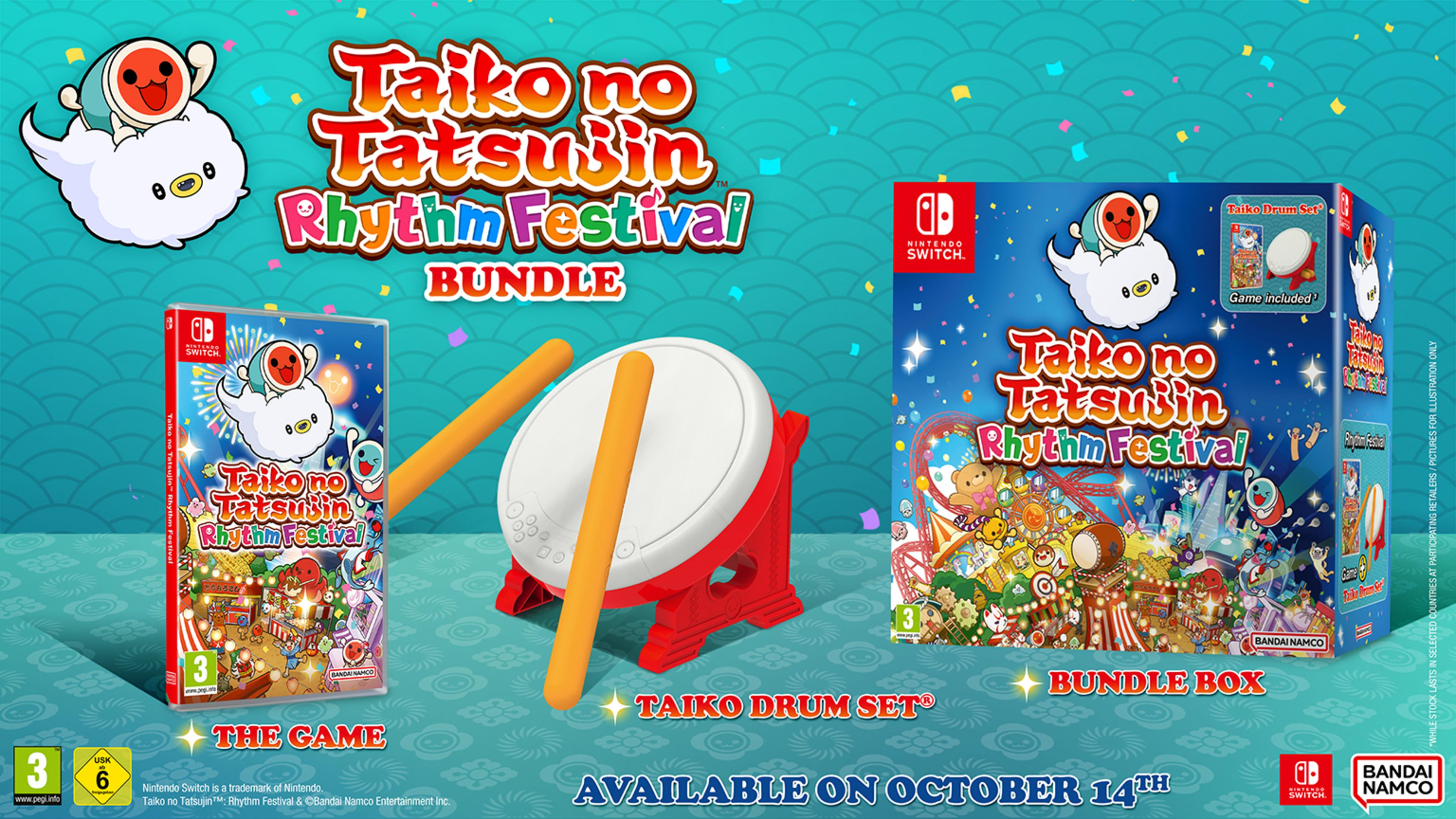 Nintendo Switch Spiel & Taiko Trommelset Bundle. Buntes Cover mit Charakteren.