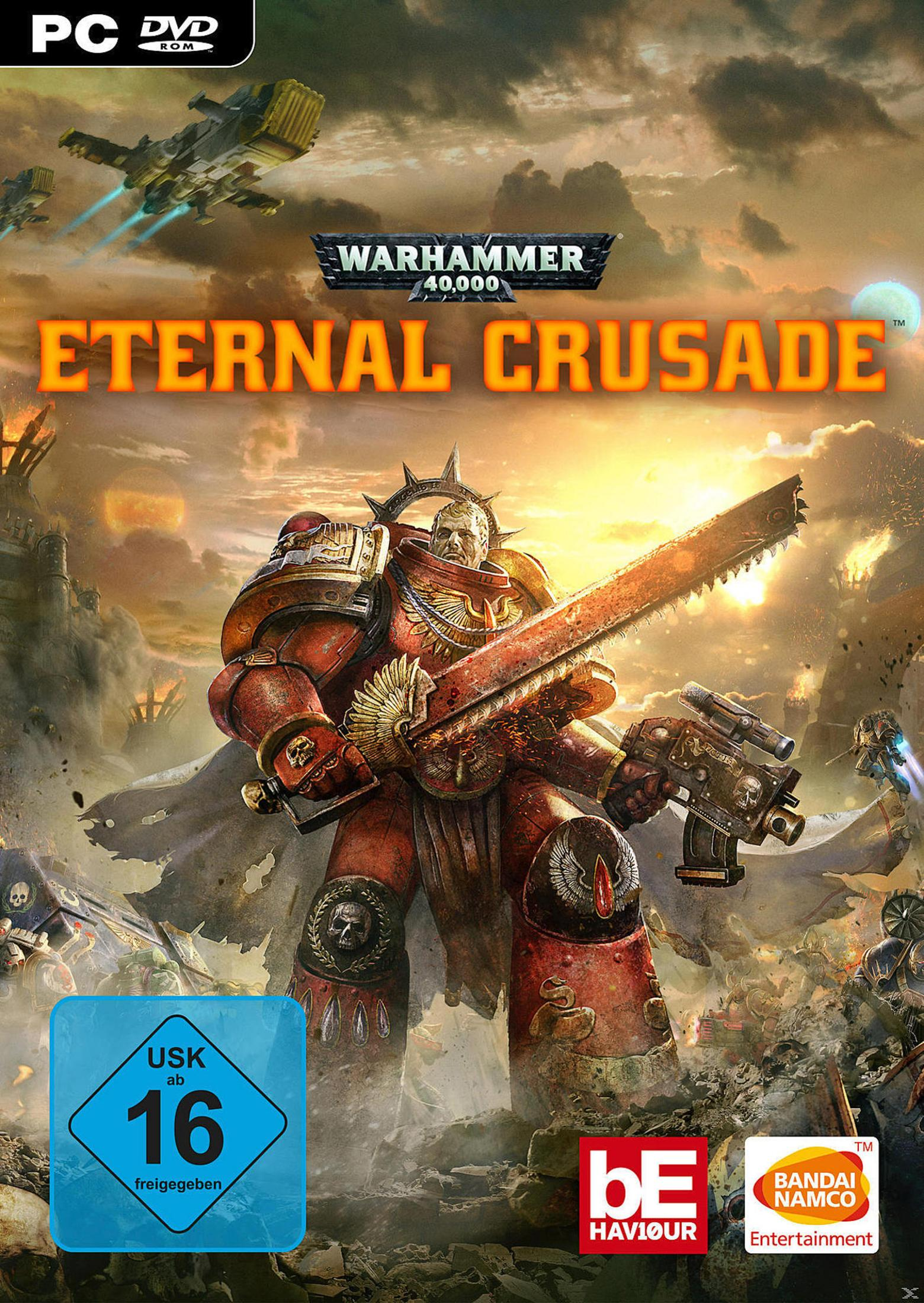 Ein Space Marine mit Kettenschwert und Bolter vor dramatischer Kulisse.