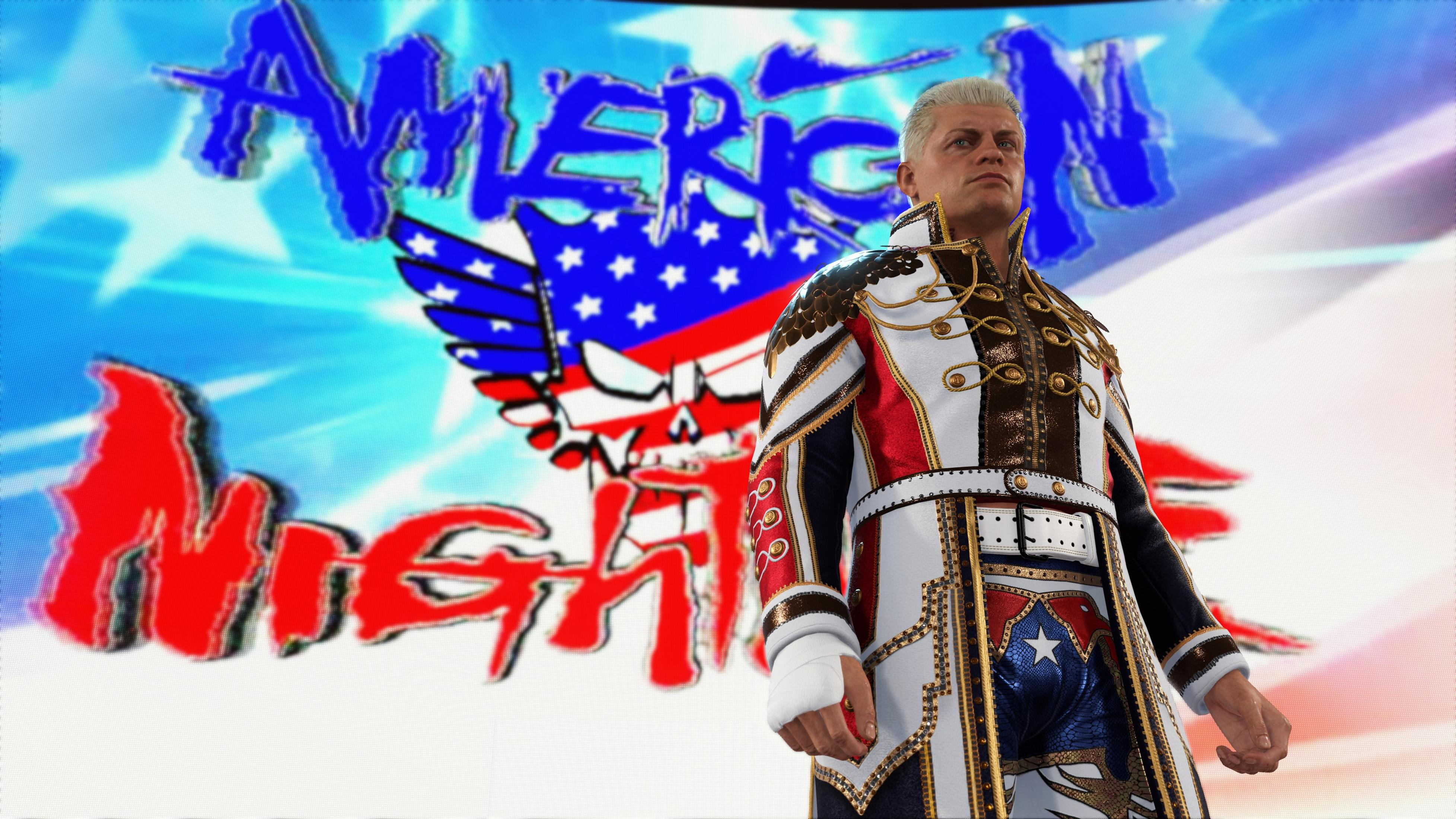 Un homme dans une tenue extravagante devant un écran avec le texte « American Night ».
