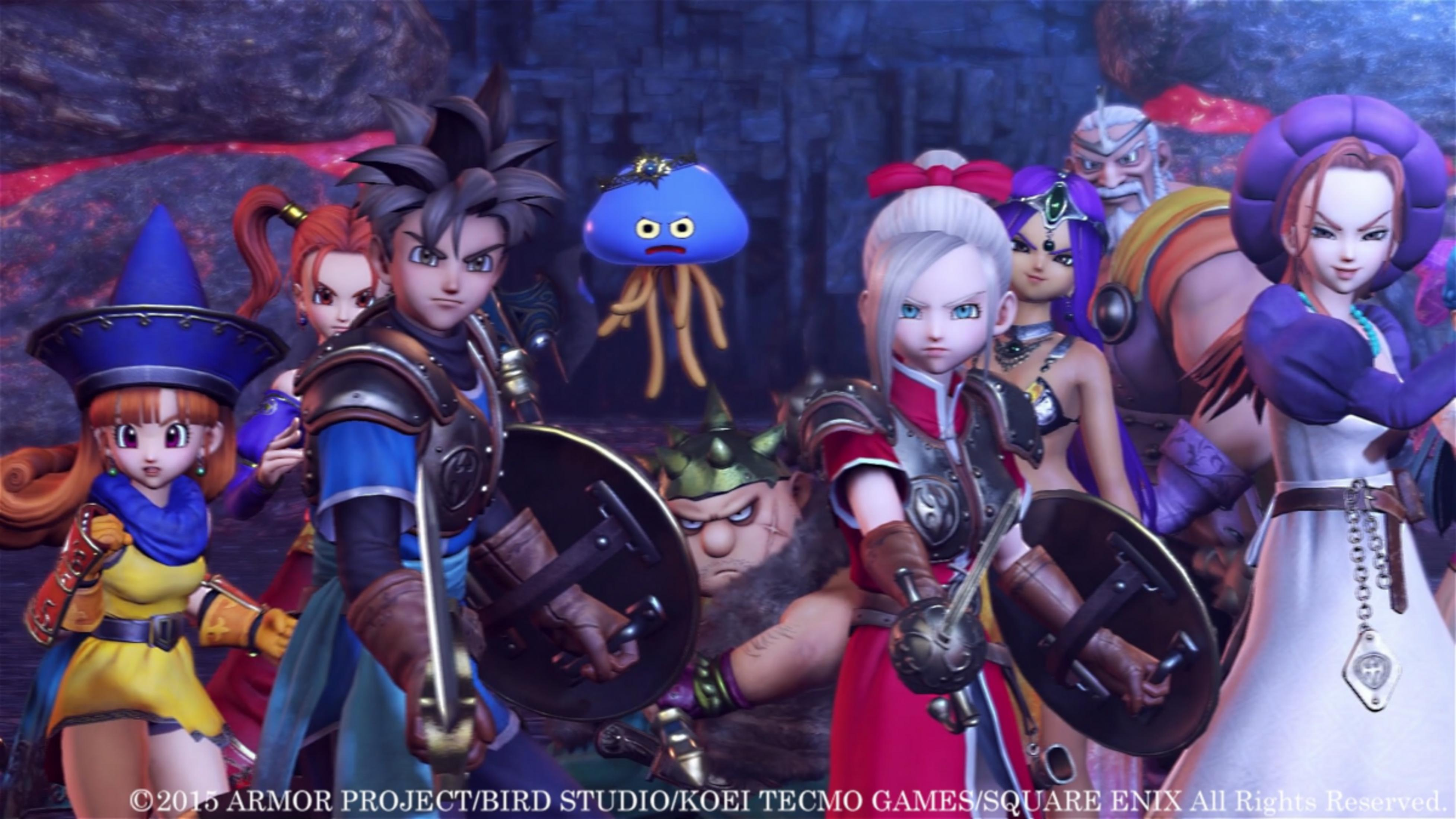 Grupa wojowników i stwór śluzowy stoją przed skalistą jaskinią.