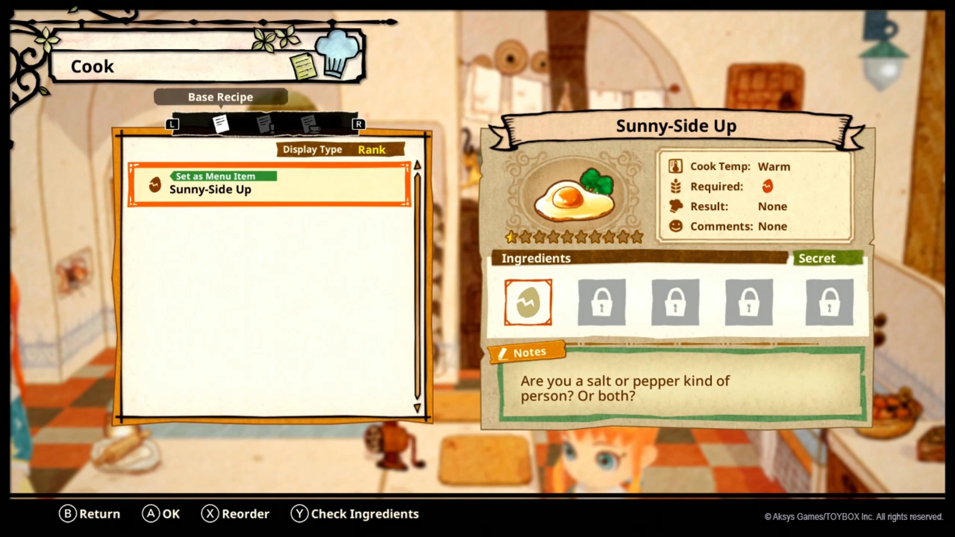 Das Spiel zeigt ein Kochmenü mit einem Spiegelei-Rezept namens 'Sunny-Side Up'.