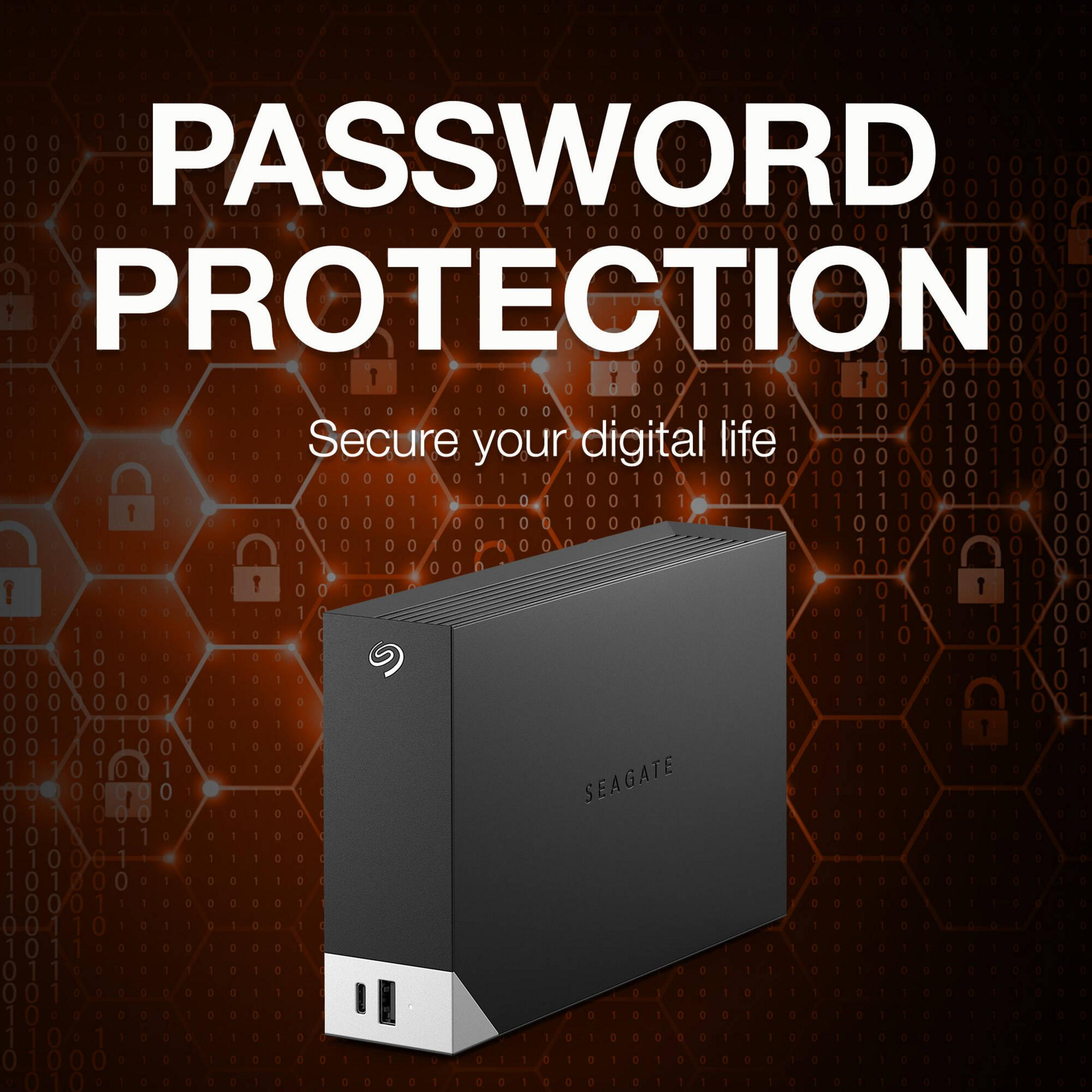 Czarny dysk Seagate na cyfrowym tle z kodem binarnym i zamkami.