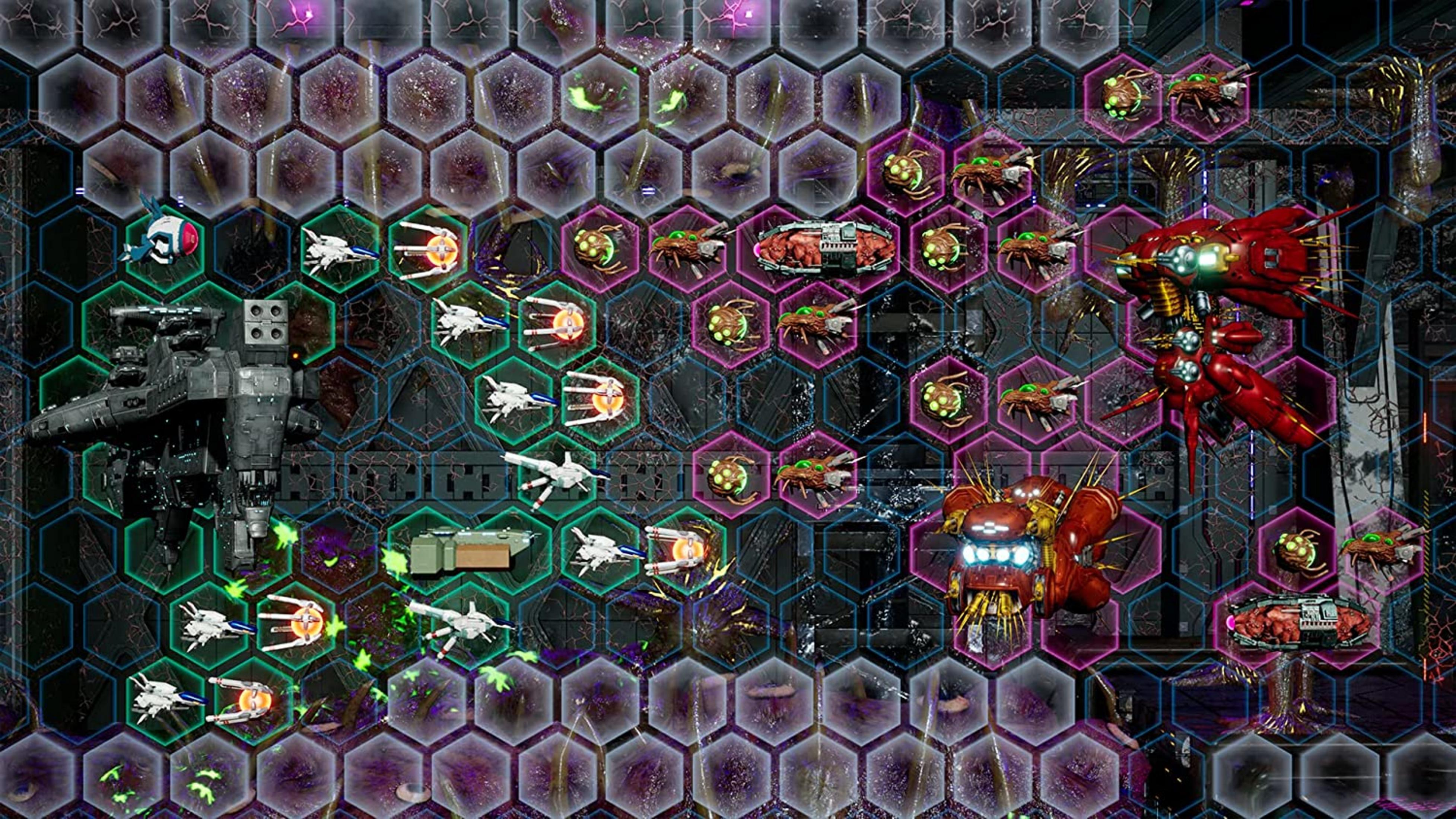 Battaglia su griglia esagonale sci-fi con astronavi rosse e grigie e creature aliene.