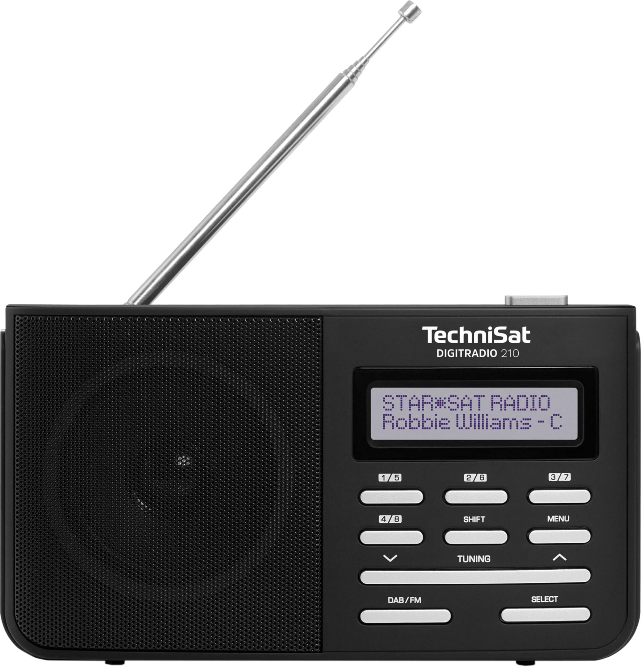 Une radio numérique TechniSat noire avec son antenne déployée.
