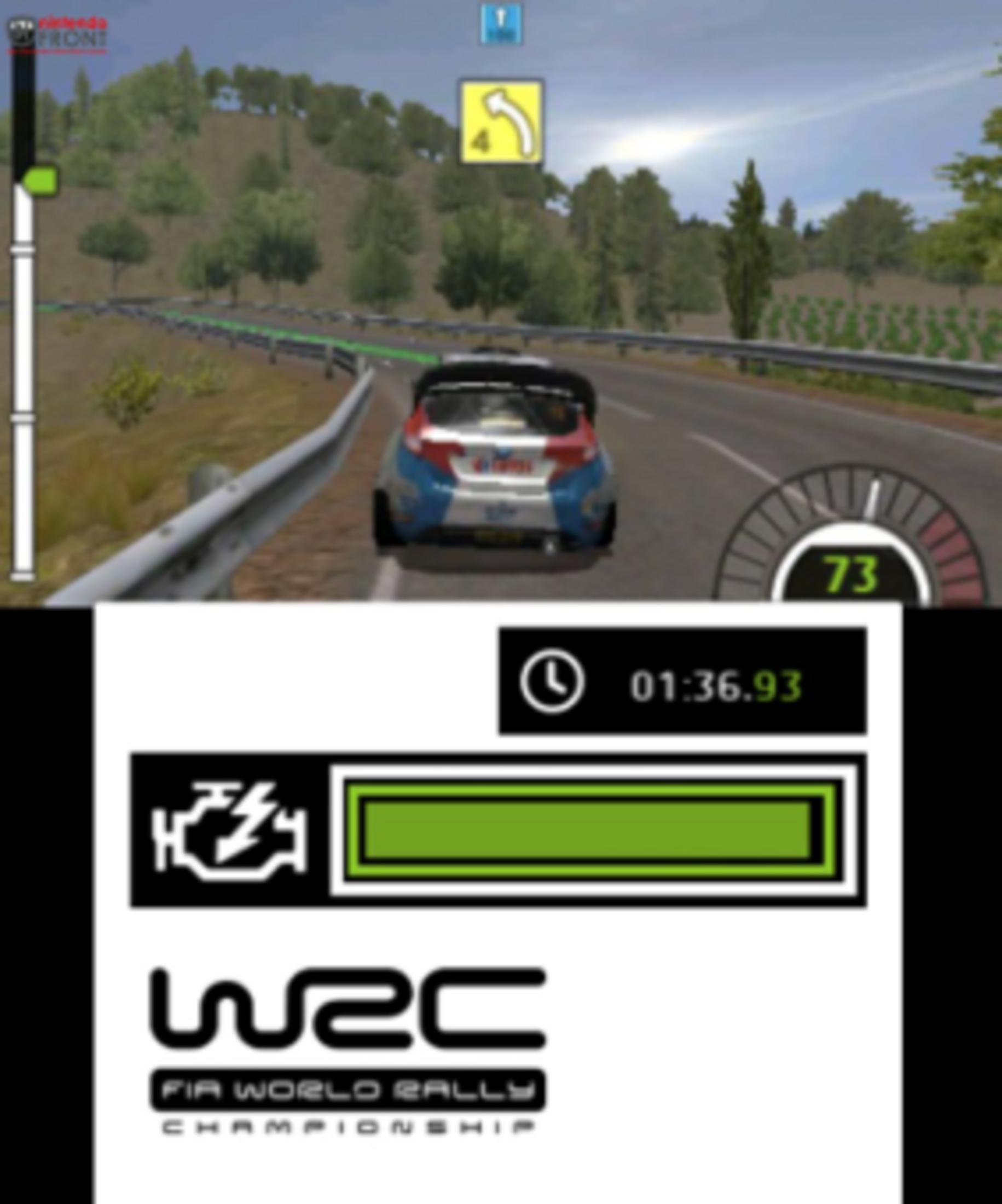 Rennspiel auf dem 3DS mit Auto, Zeit und WRC-Logo.