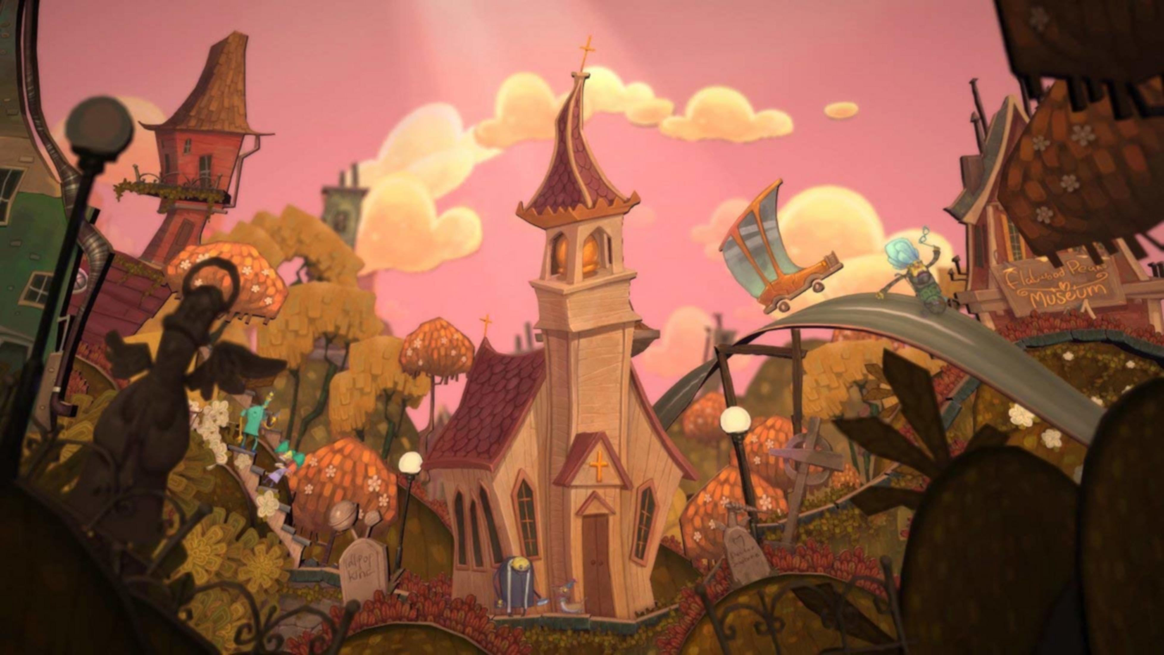 Una città dei cartoni animati sotto un cielo rosa con una chiesa, un museo e un personaggio in un'auto.