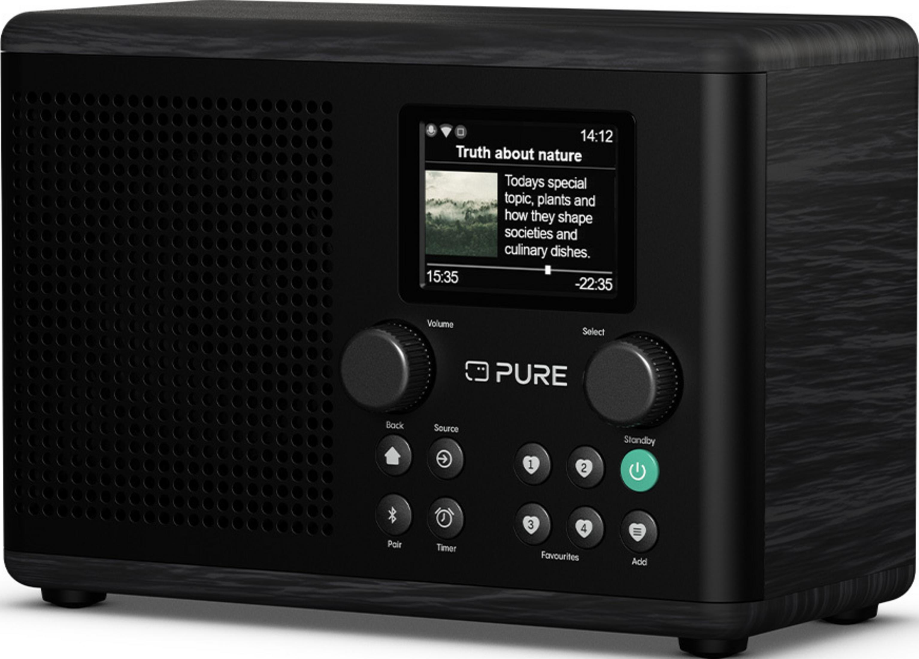 Ein schwarzes Digitalradio mit Bildschirm, Knöpfen und Tasten.