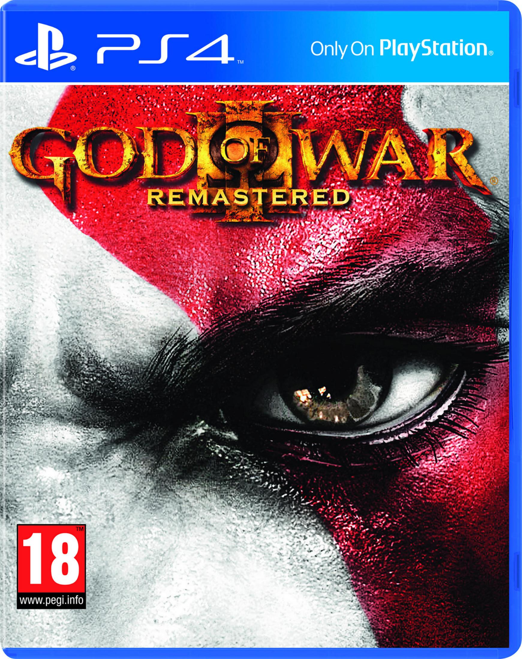 Couverture du jeu Playstation 4 'God of War Remastered' avec gros plan sur l'œil de Kratos.