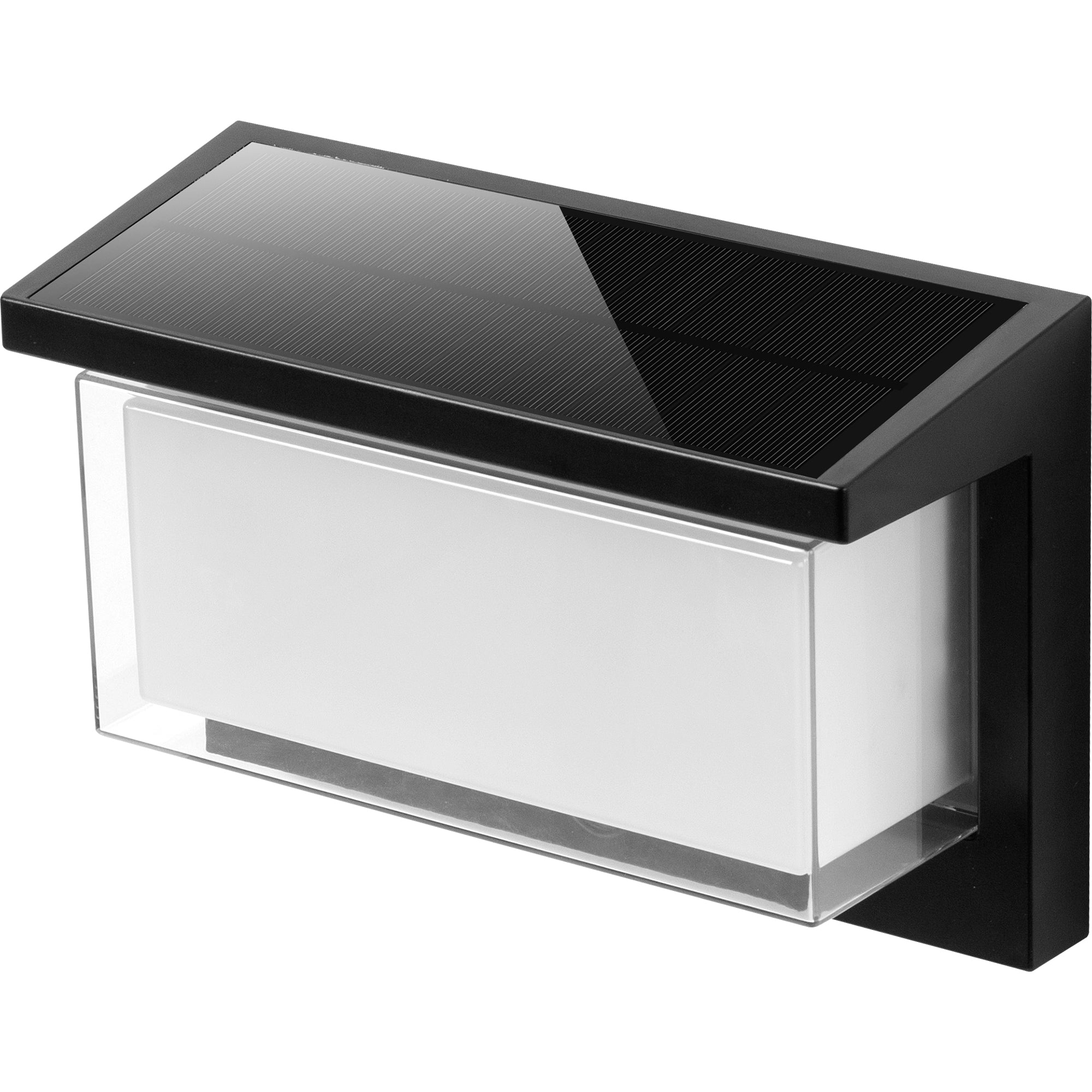 Schwarze Wandleuchte mit Solarpanel und weißem Lichtdiffusor.