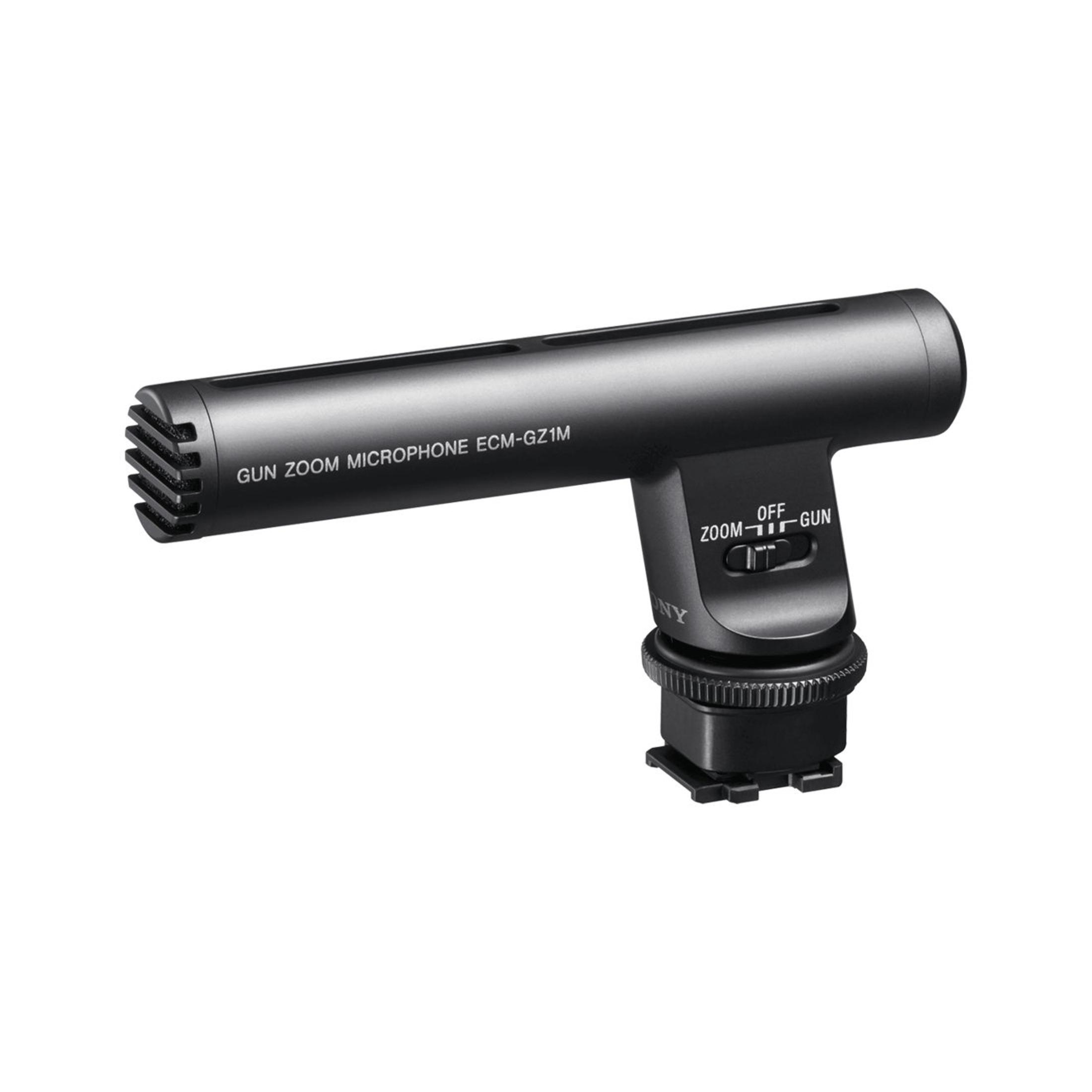 Un micrófono de cañón negro con la inscripción "GUN ZOOM ECM-GZ1M".