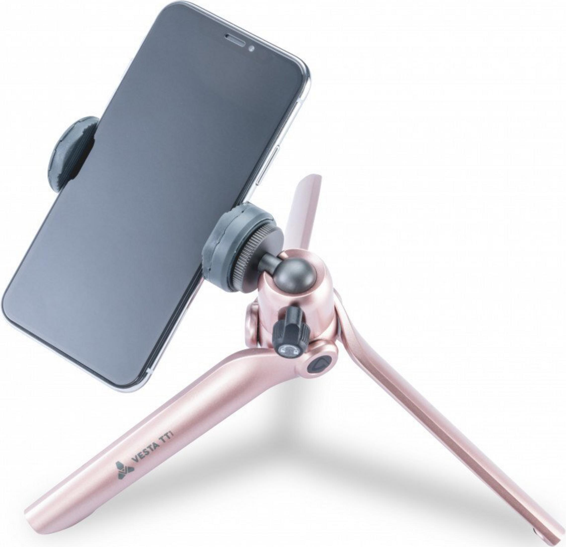 Un trípode color oro rosa sosteniendo un smartphone.