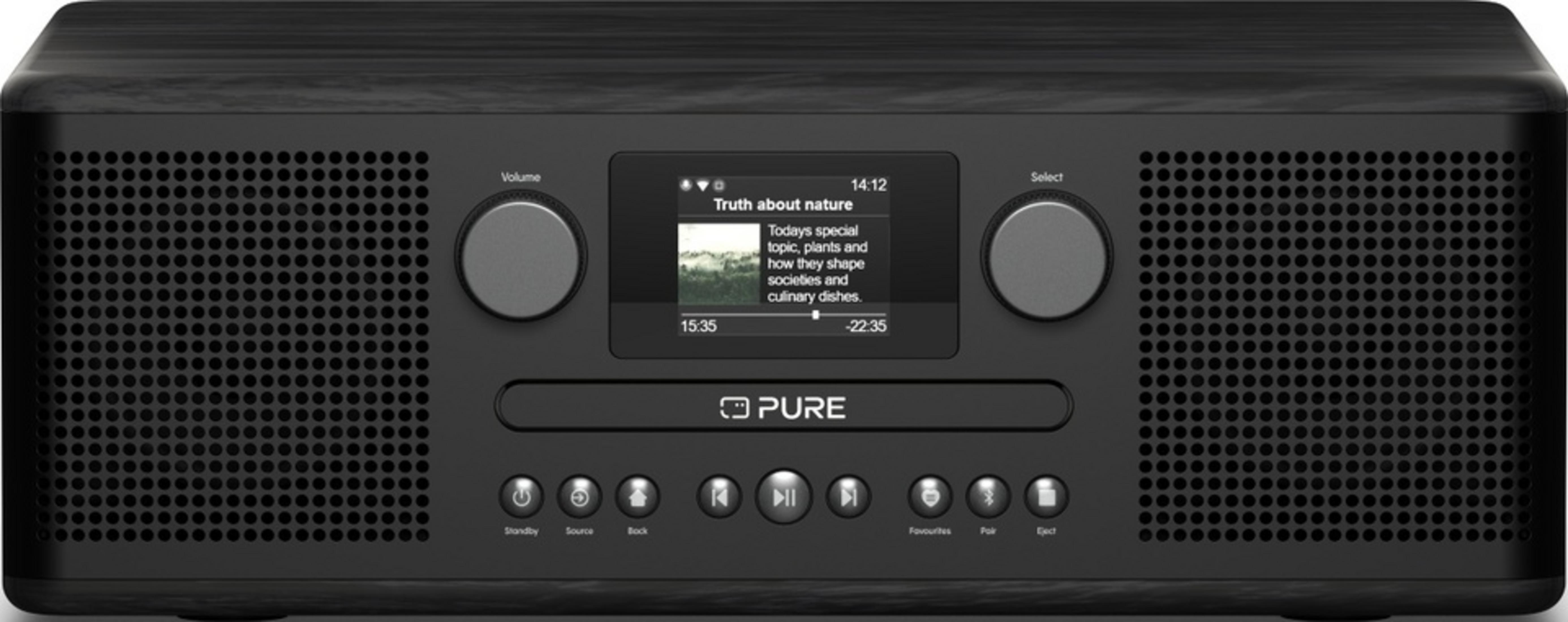 Radio digital negra con perilla de volumen, pantalla y botones de control.