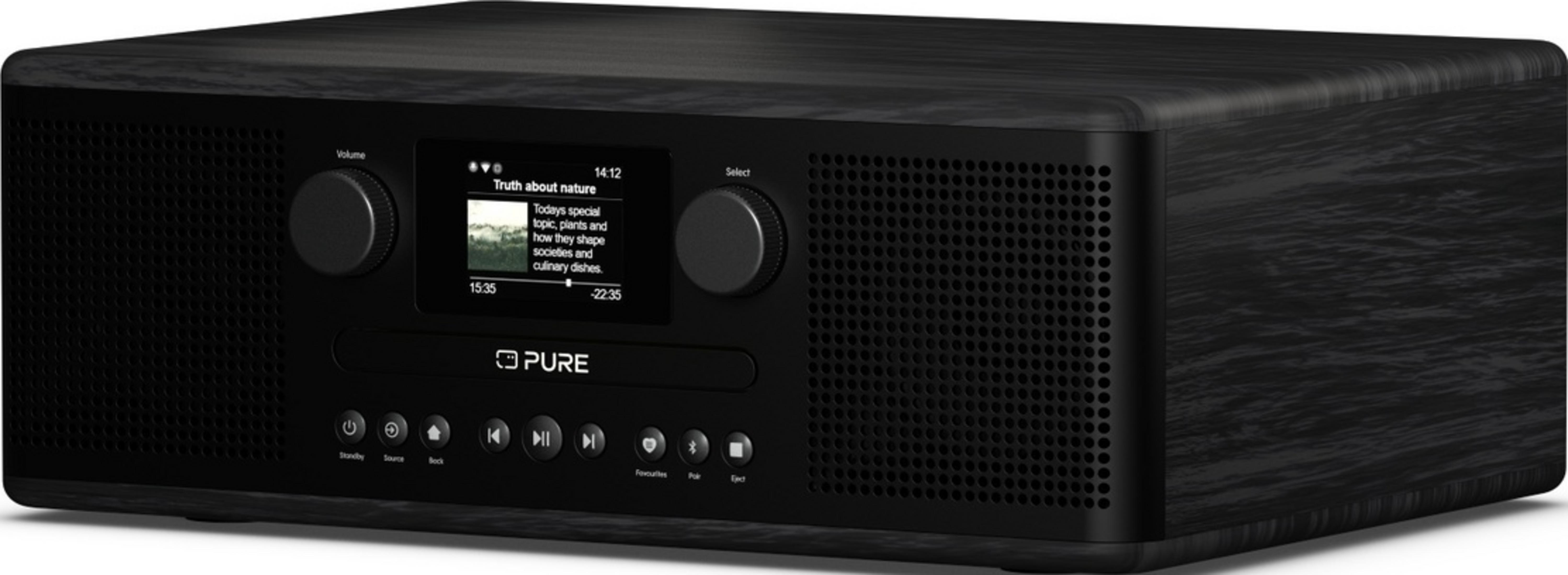 Una radio digital Pure negra con acabado de veta de madera, perillas de volumen y selección, y pantalla.
