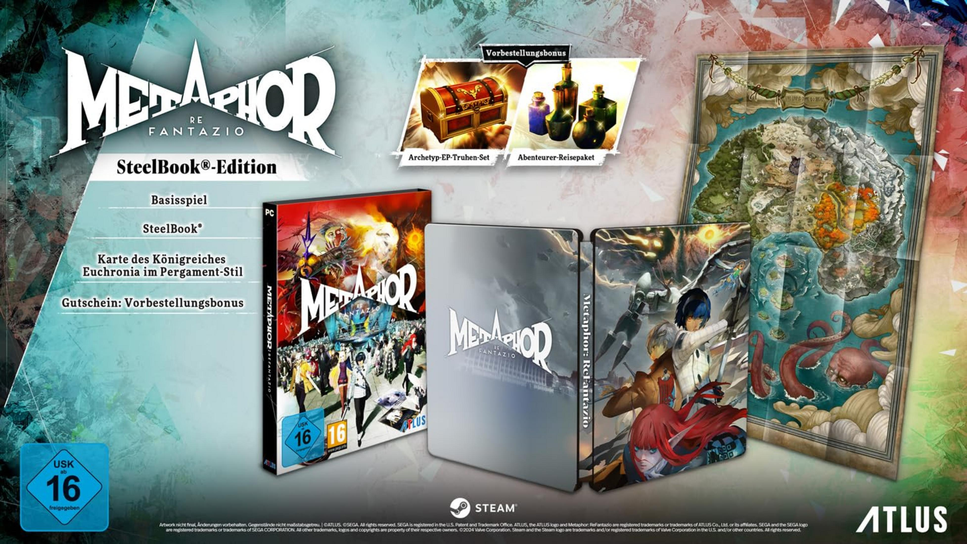Metaphor: ReFantazio SteelBook Edition mit Spiel, Karte und Bonusgegenständen.