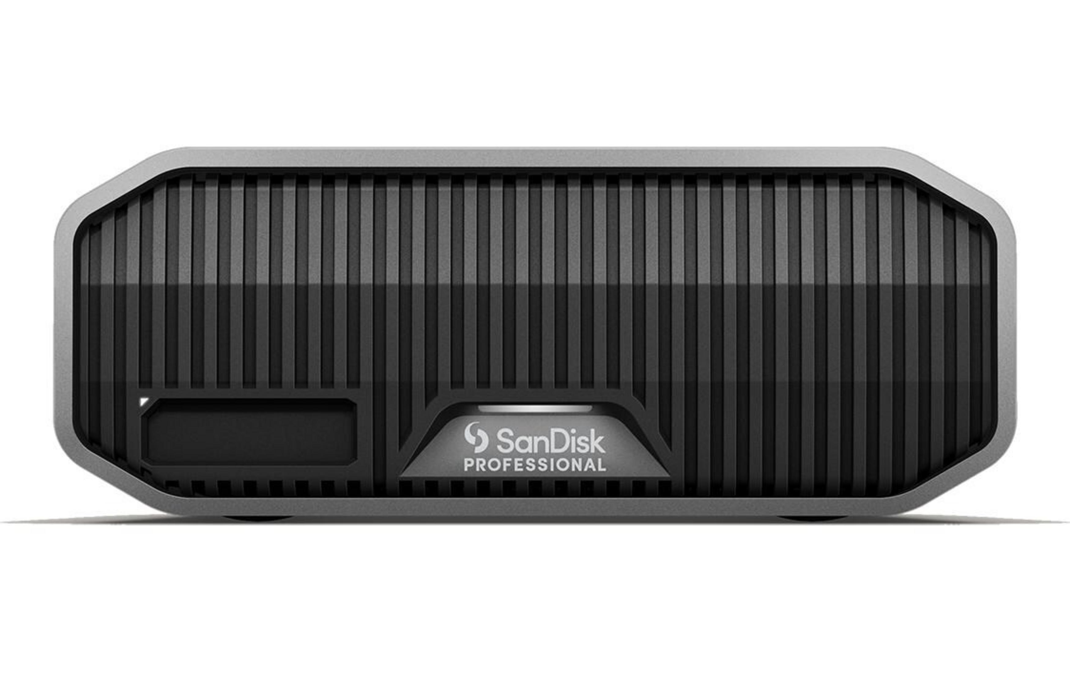Un dispositivo di archiviazione SanDisk Professional grigio con scanalature verticali e porte.