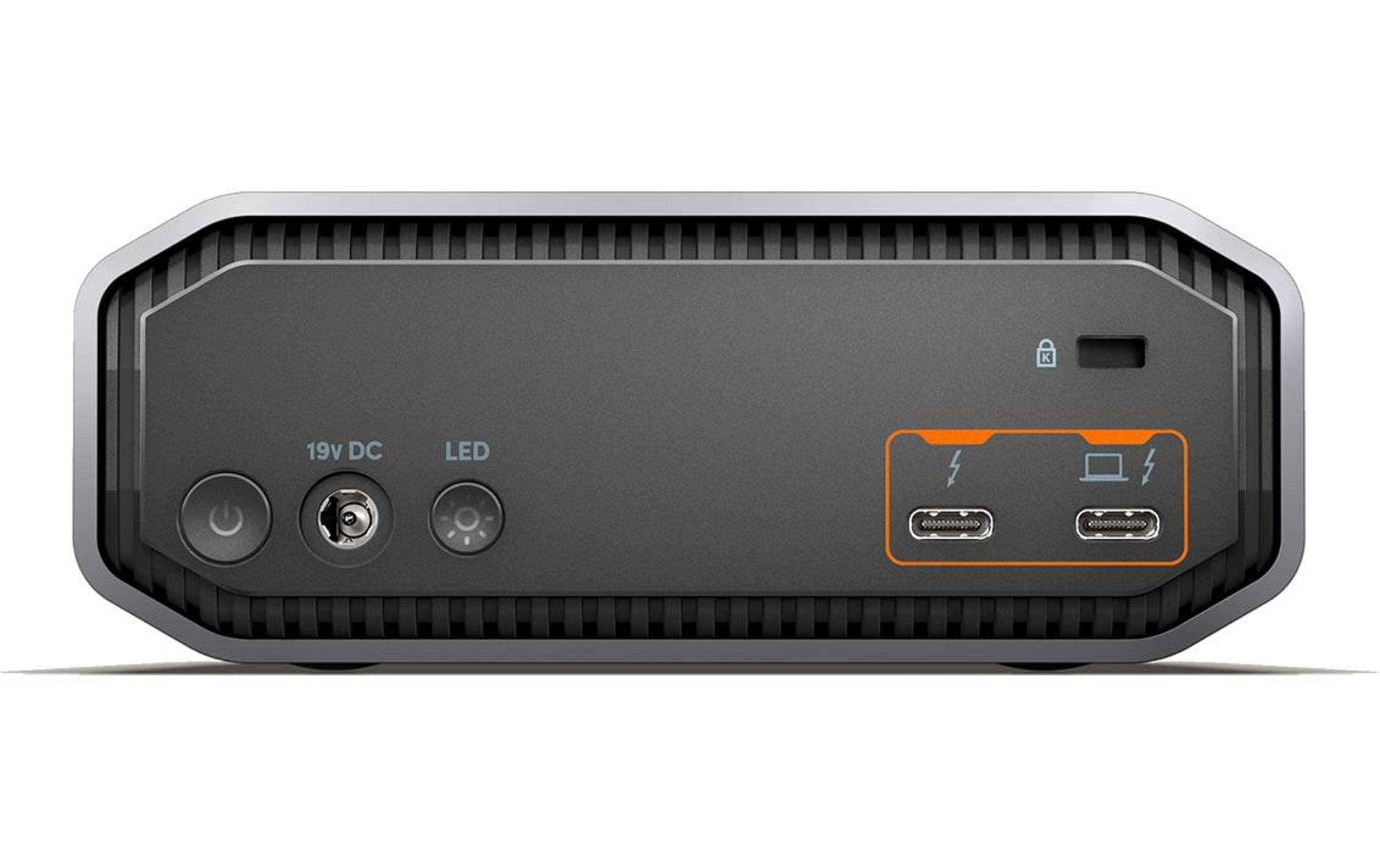 Dispositivo grigio con porte: 19V DC, LED, 2x USB-C.