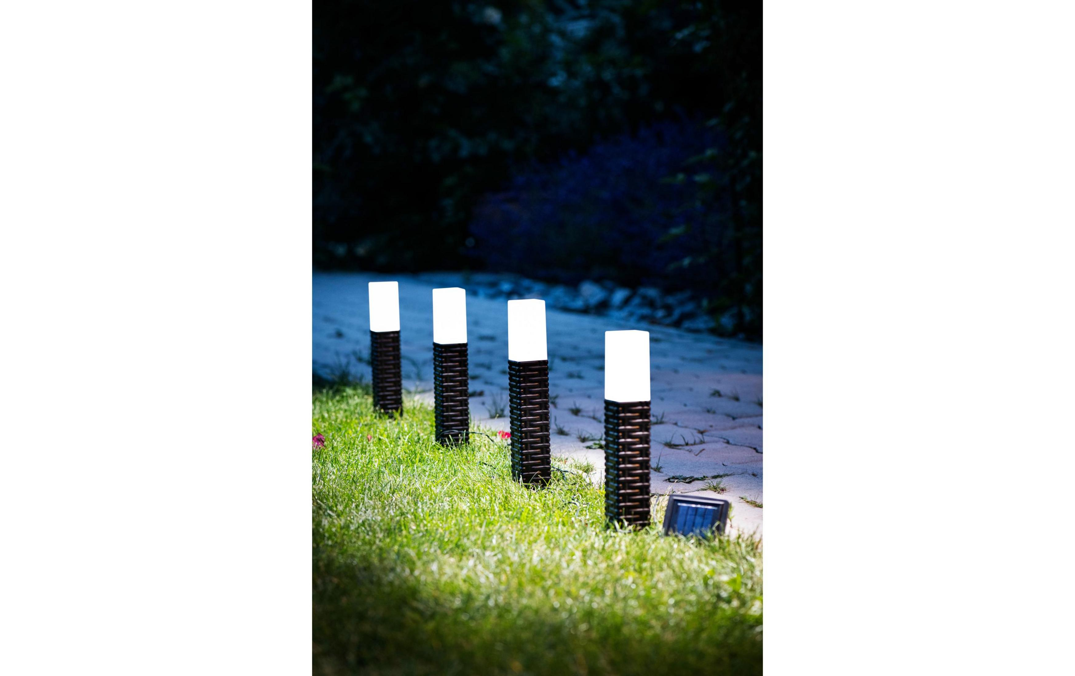 Vier Solarleuchten auf einem Rasenweg mit Büschen im Hintergrund.