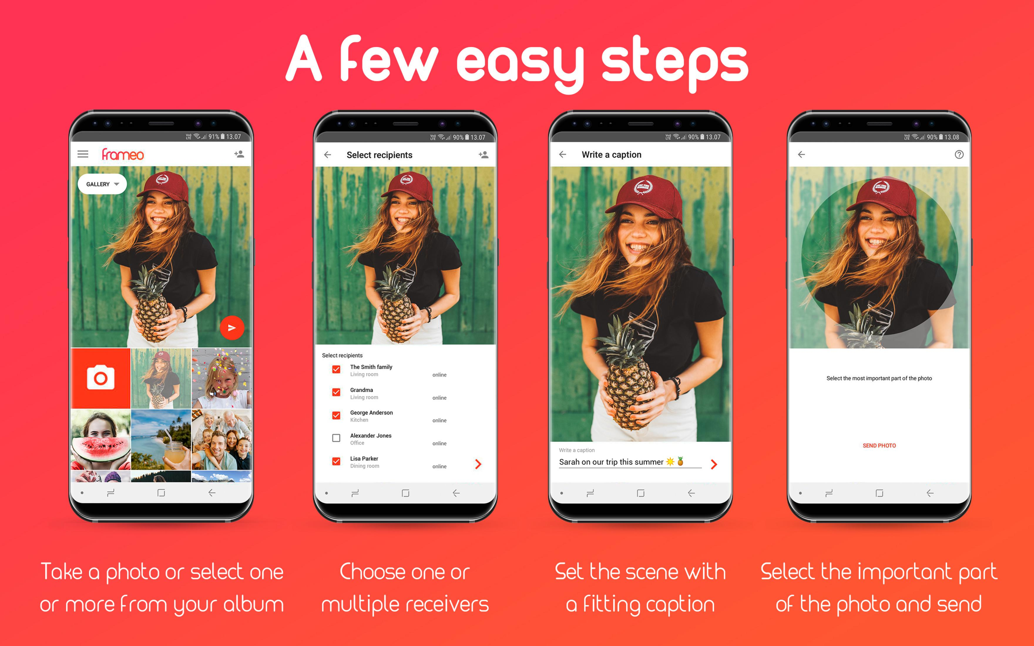 Cztery ekrany telefonu pokazują kroki aplikacji: wybierz zdjęcie, odbiorców, podpis, wyślij.