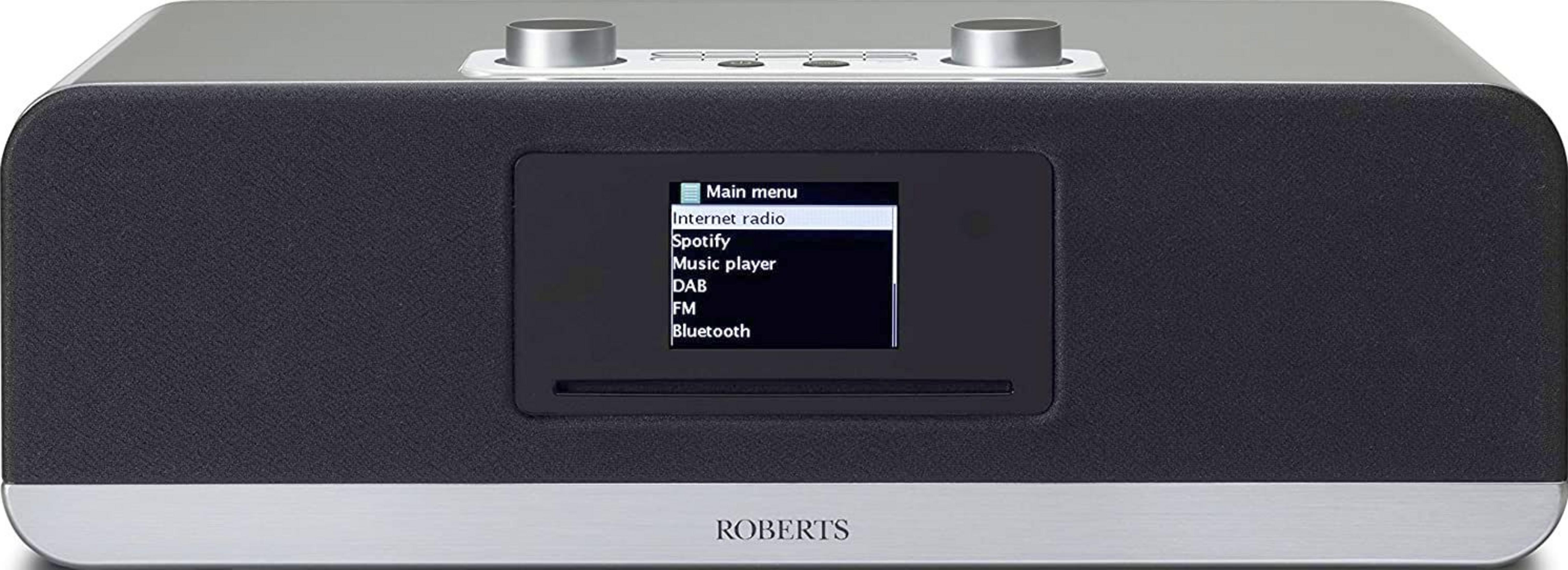 Ein digitales Radio mit dunklem Gehäuse, silbernen Knöpfen und einem Bildschirm.