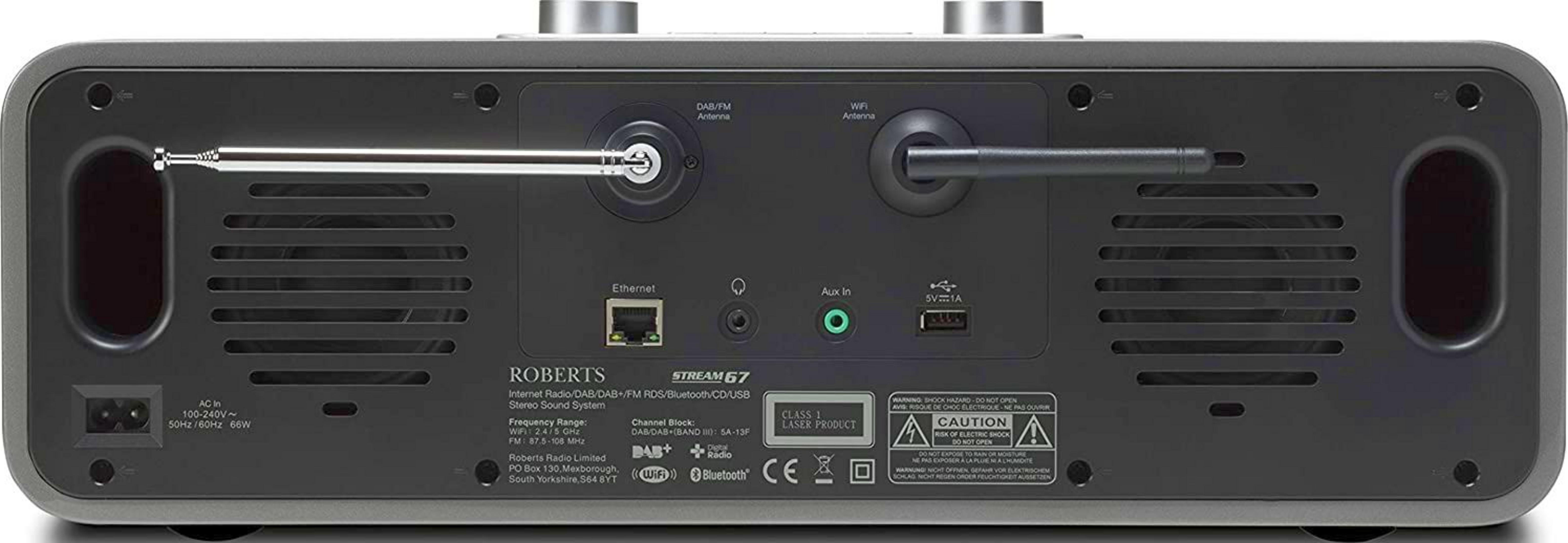 Rückseite eines Roberts Stream 67 Radios mit Anschlüssen wie Ethernet, Aux In und USB.