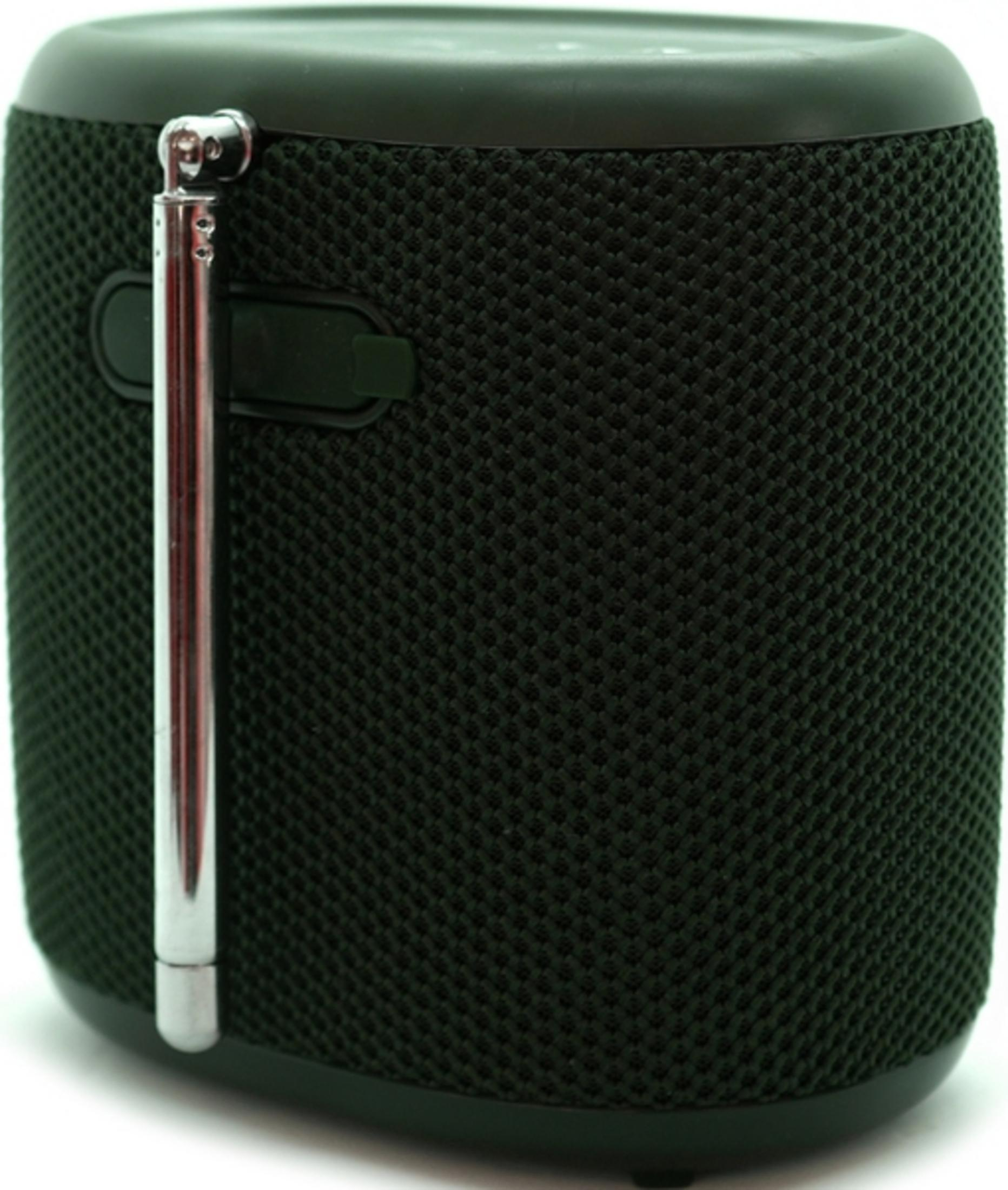 Enceinte vert foncé avec antenne extensible argentée.