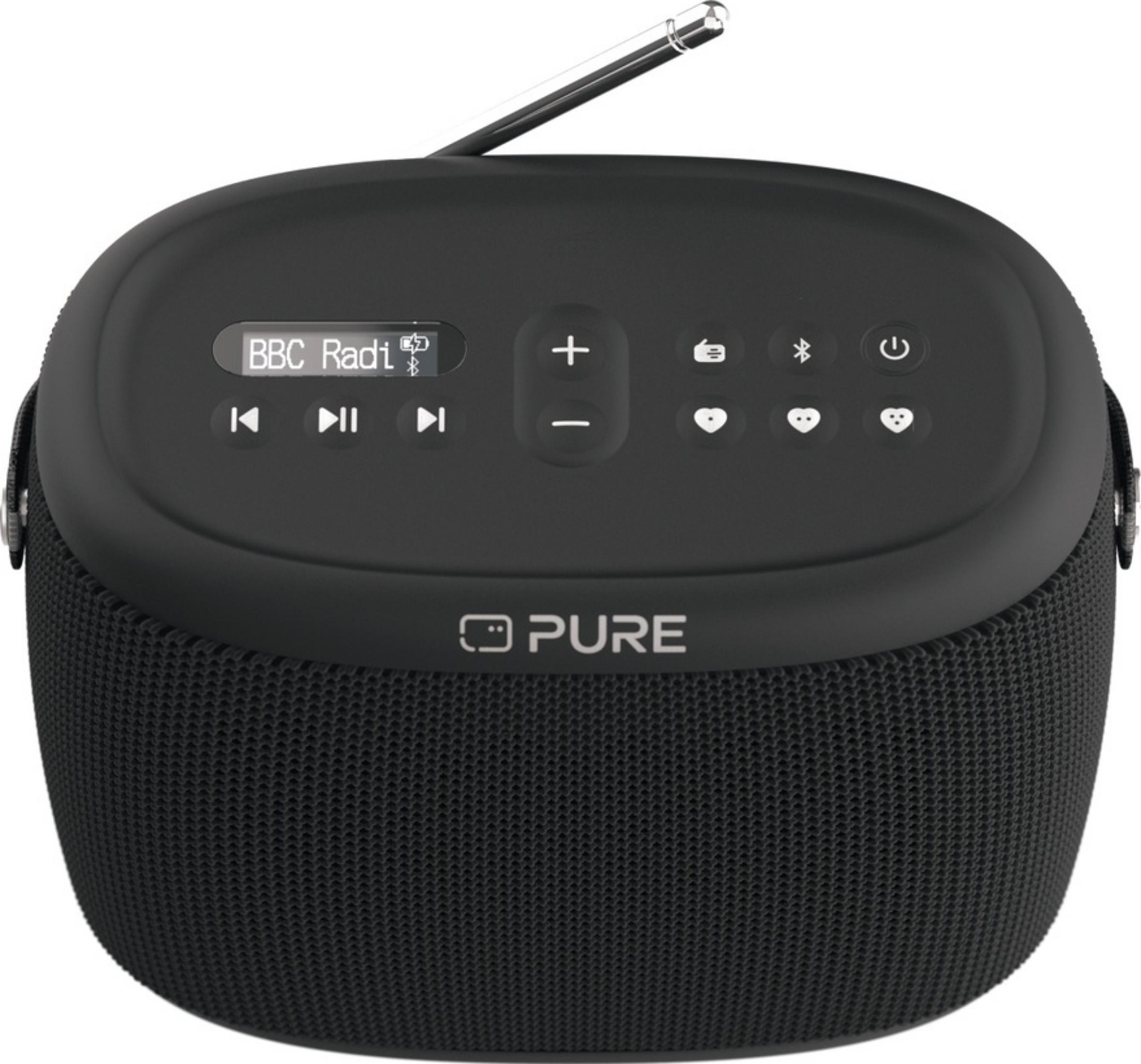 Haut-parleur portable noir avec antenne, écran et boutons.