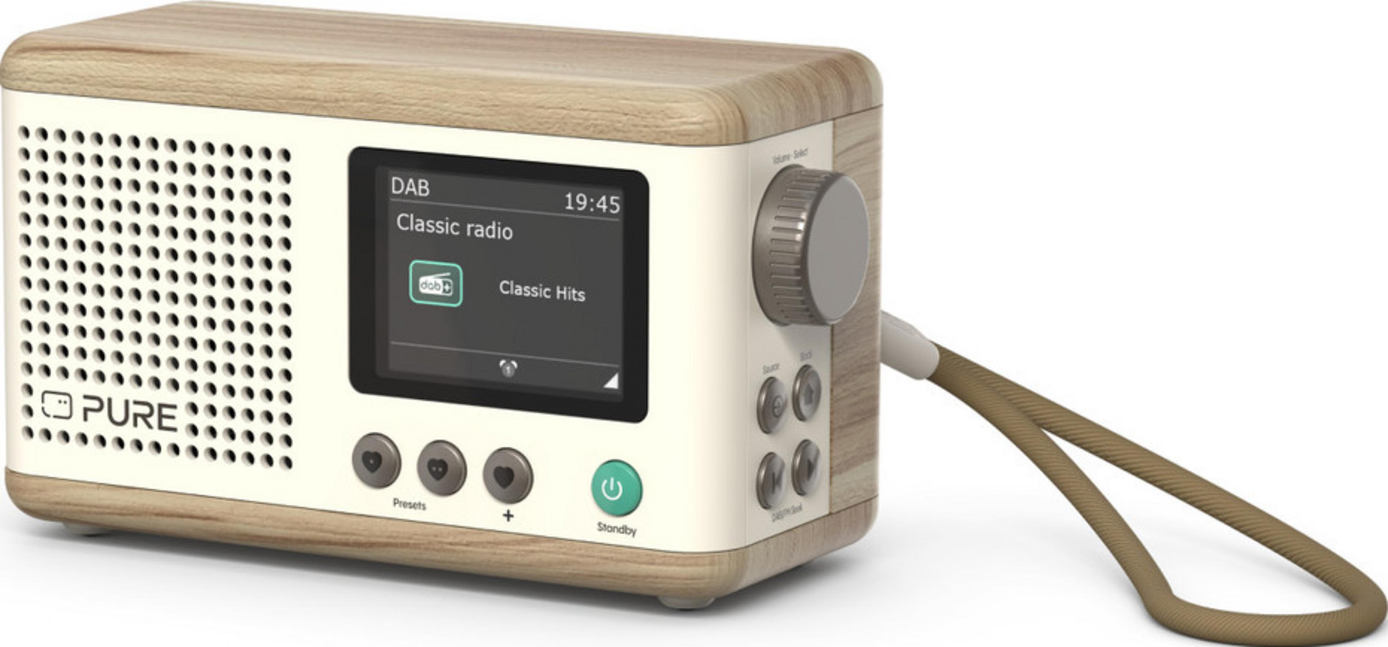 Białe radio DAB z drewnianymi akcentami i cyfrowym ekranem.