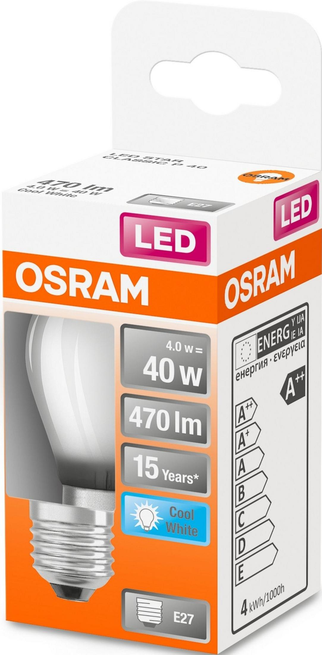 Lampadina LED Osram: 40W equivalenti, 470 lm, 4W, Bianco Freddo, attacco E27.