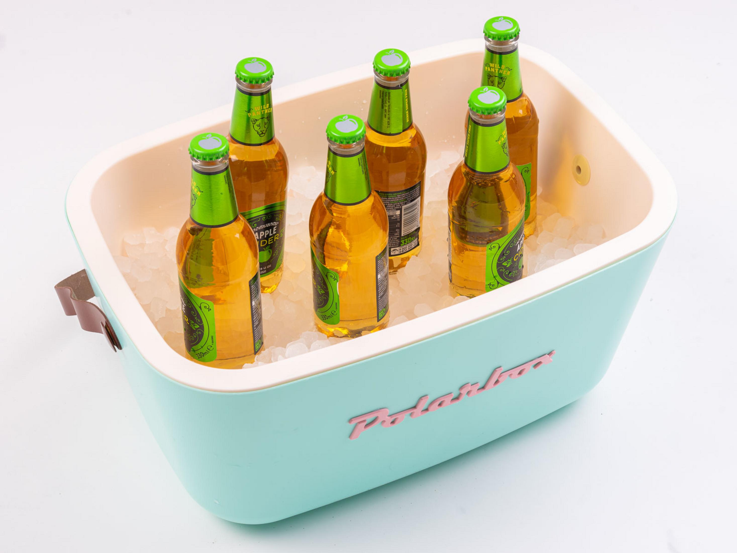 Seis botellas de sidra de manzana en una hielera verde menta con hielo.