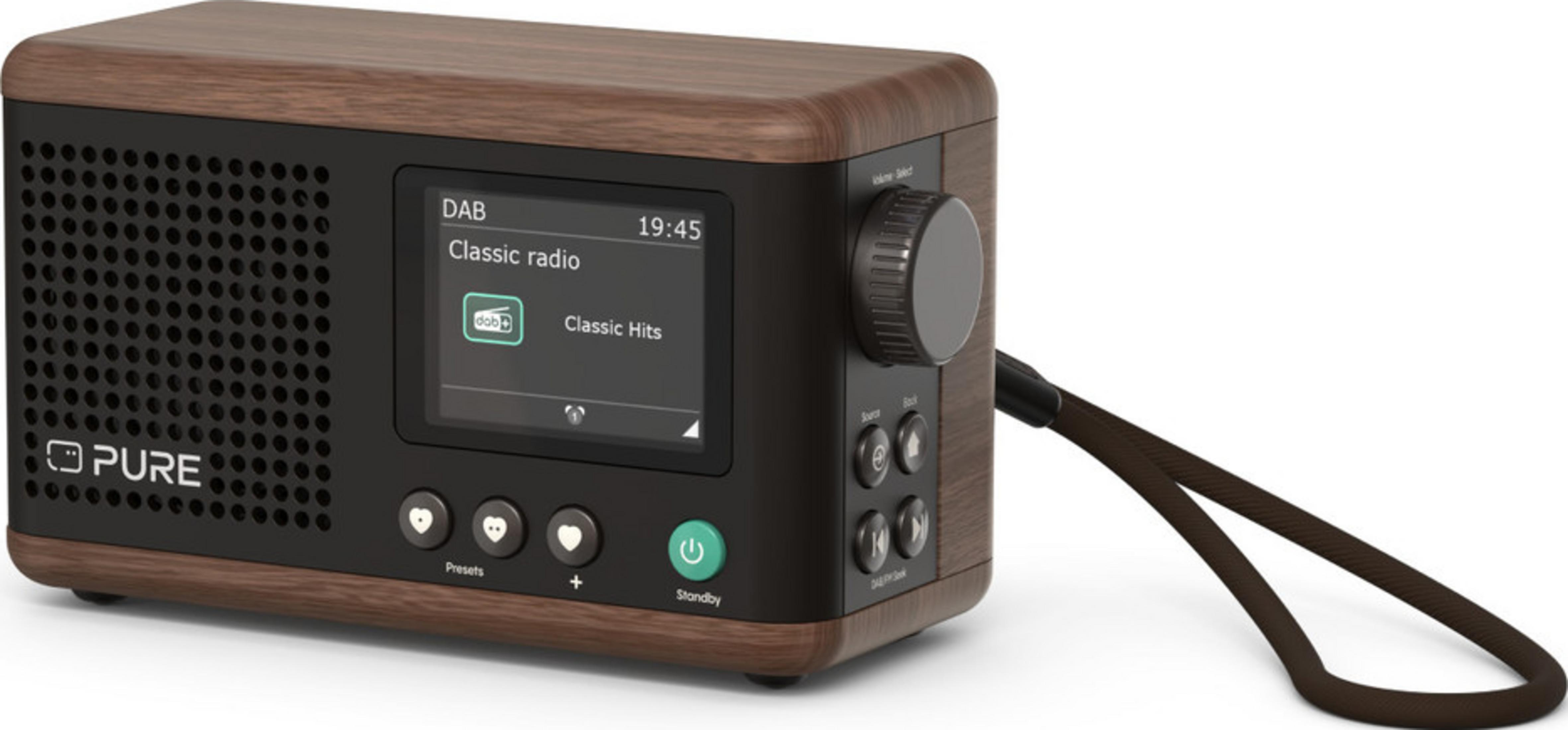 Una radio DAB in legno marrone con pannello di controllo e schermo neri.