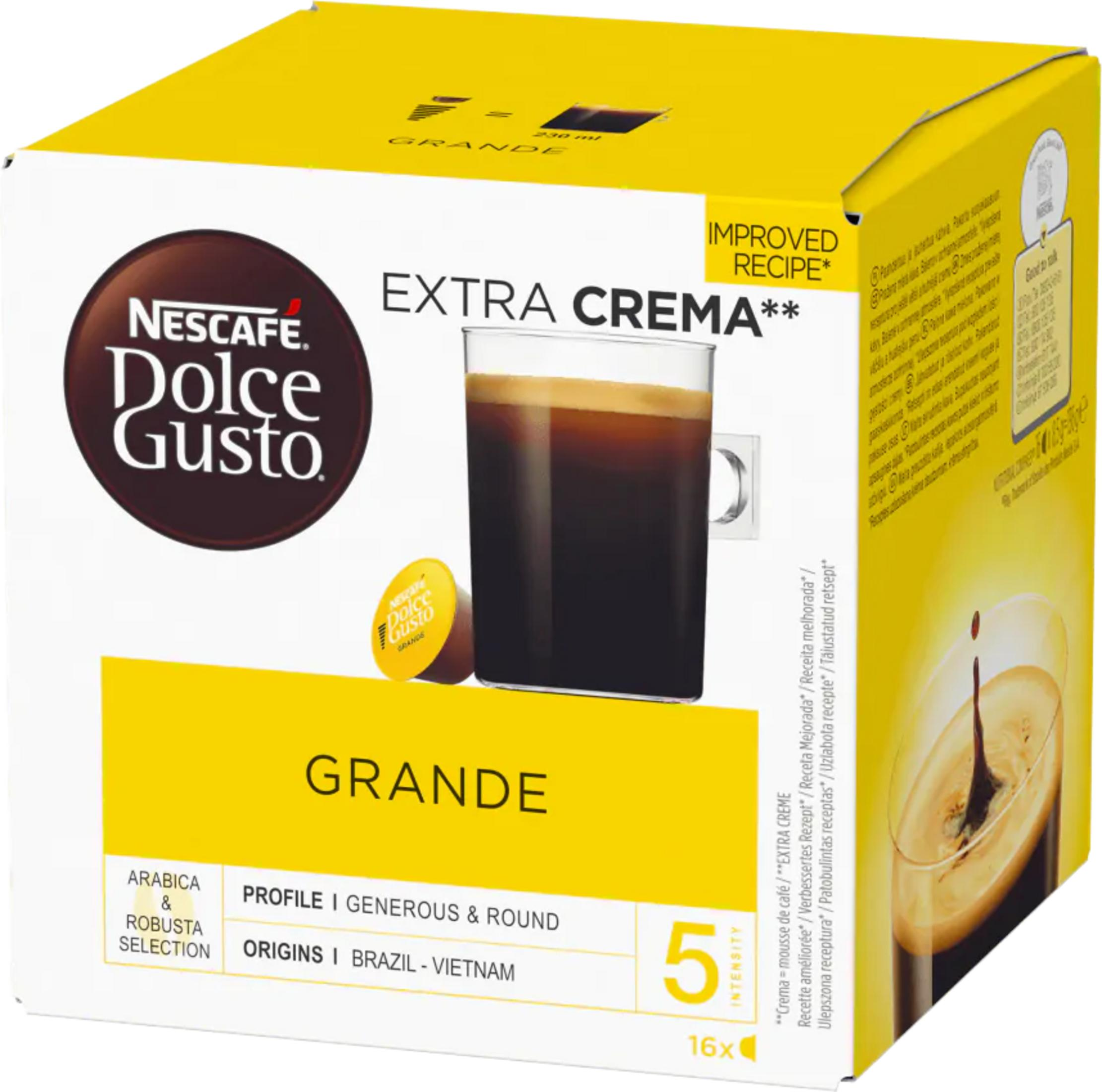 Scatola di caffè Nescafé Dolce Gusto Grande Extra Crema con tazza e capsula.