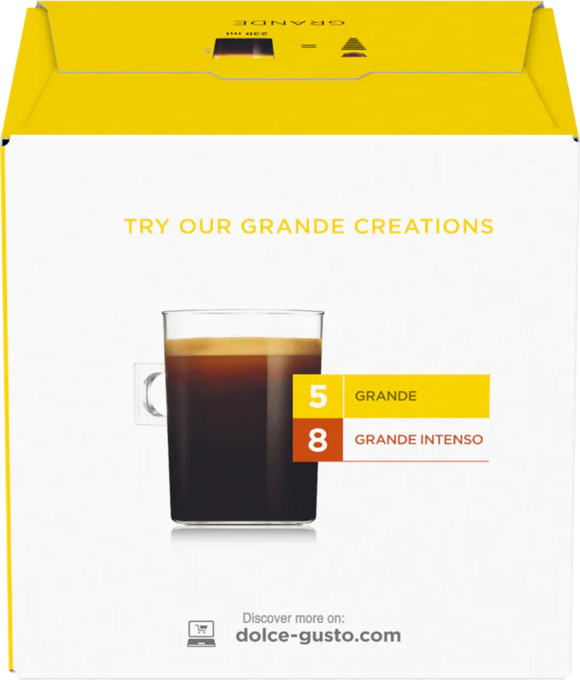 Un bicchiere di caffè con schiuma, accanto a "GRANDE" e "GRANDE INTENSO".