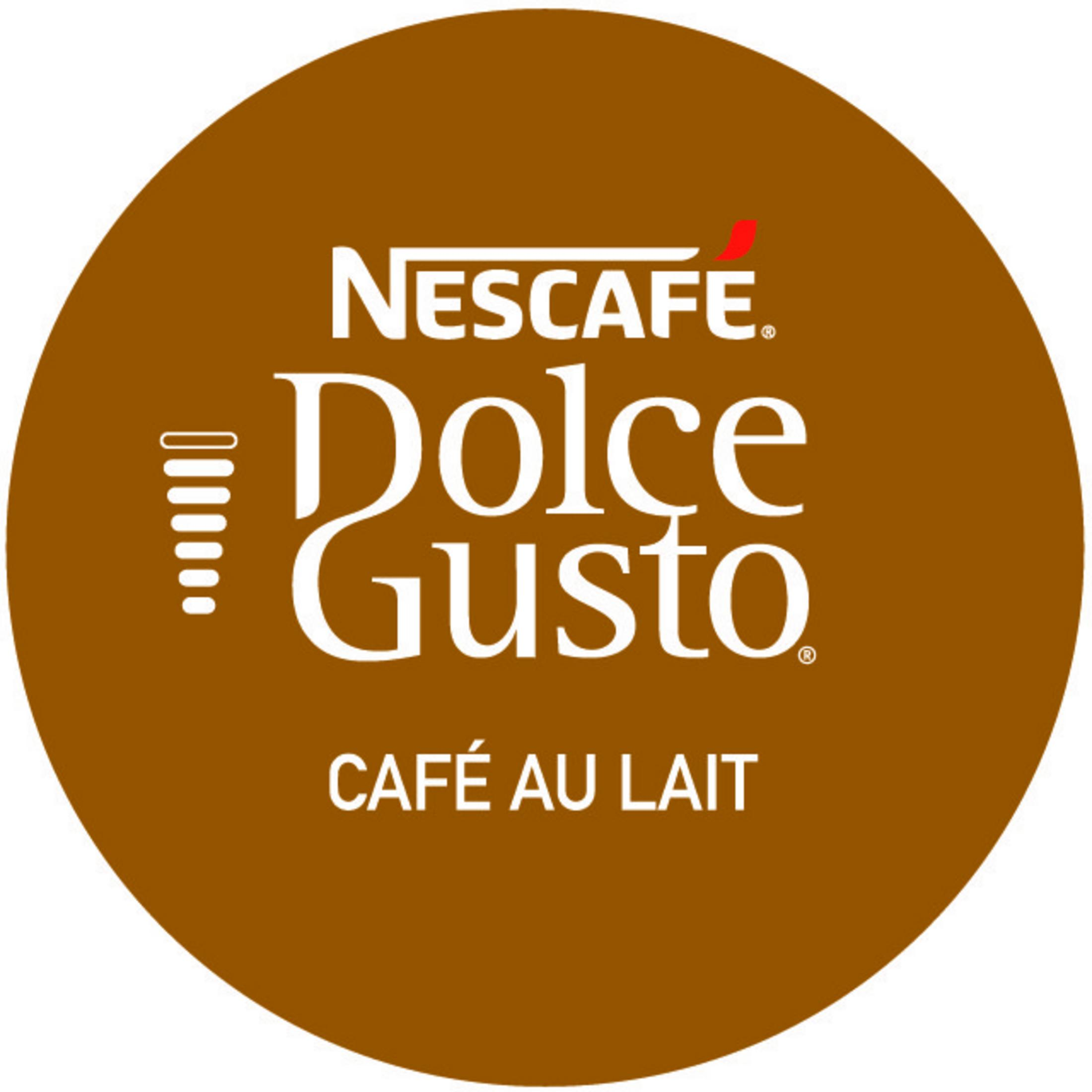 Nescafe Dolce Gusto Cafe au Lait Logo auf braunem Kreis.