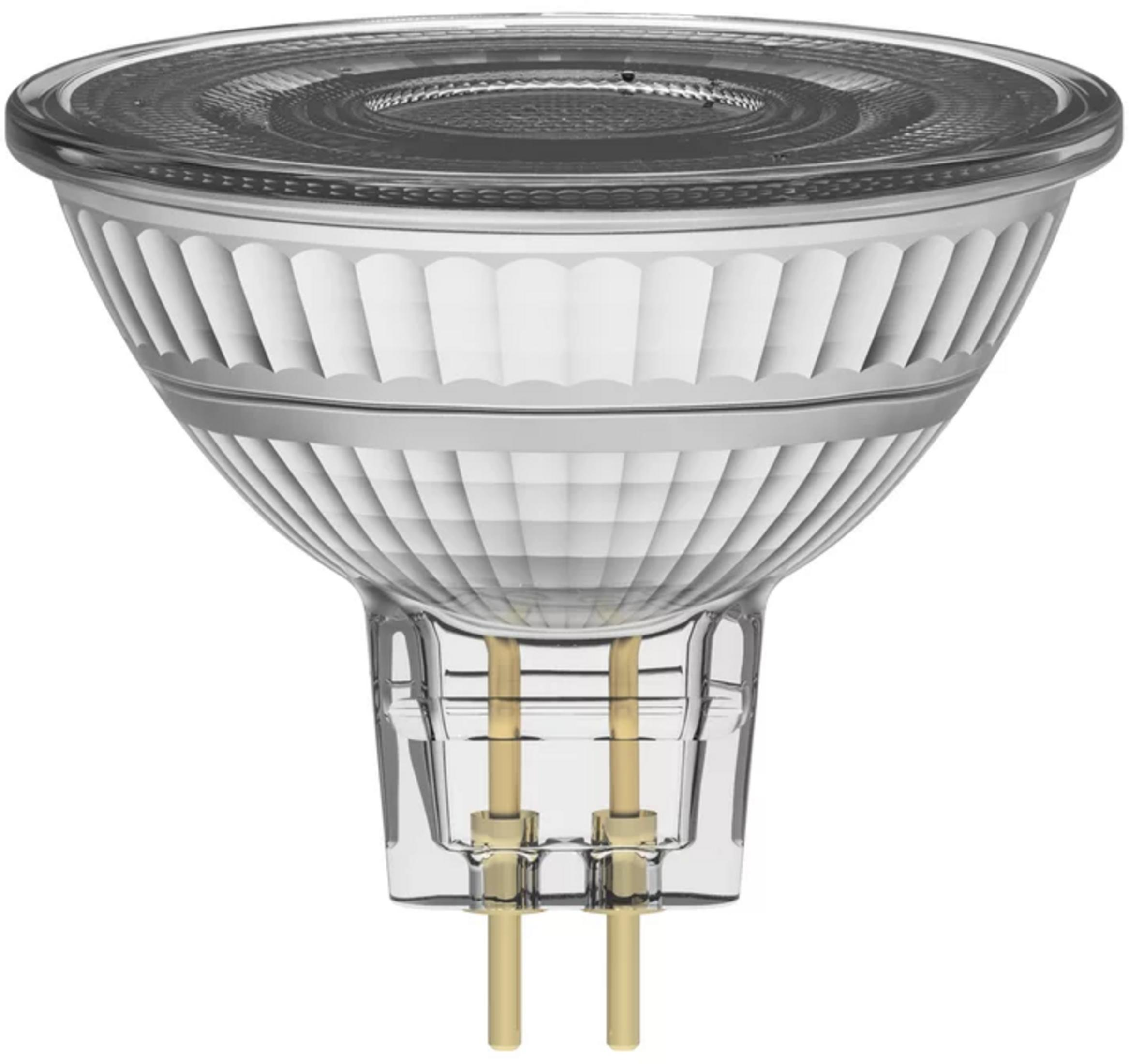 Przezroczysta żarówka z żebrowanym odbłyśnikiem i dwoma złotymi pinami.