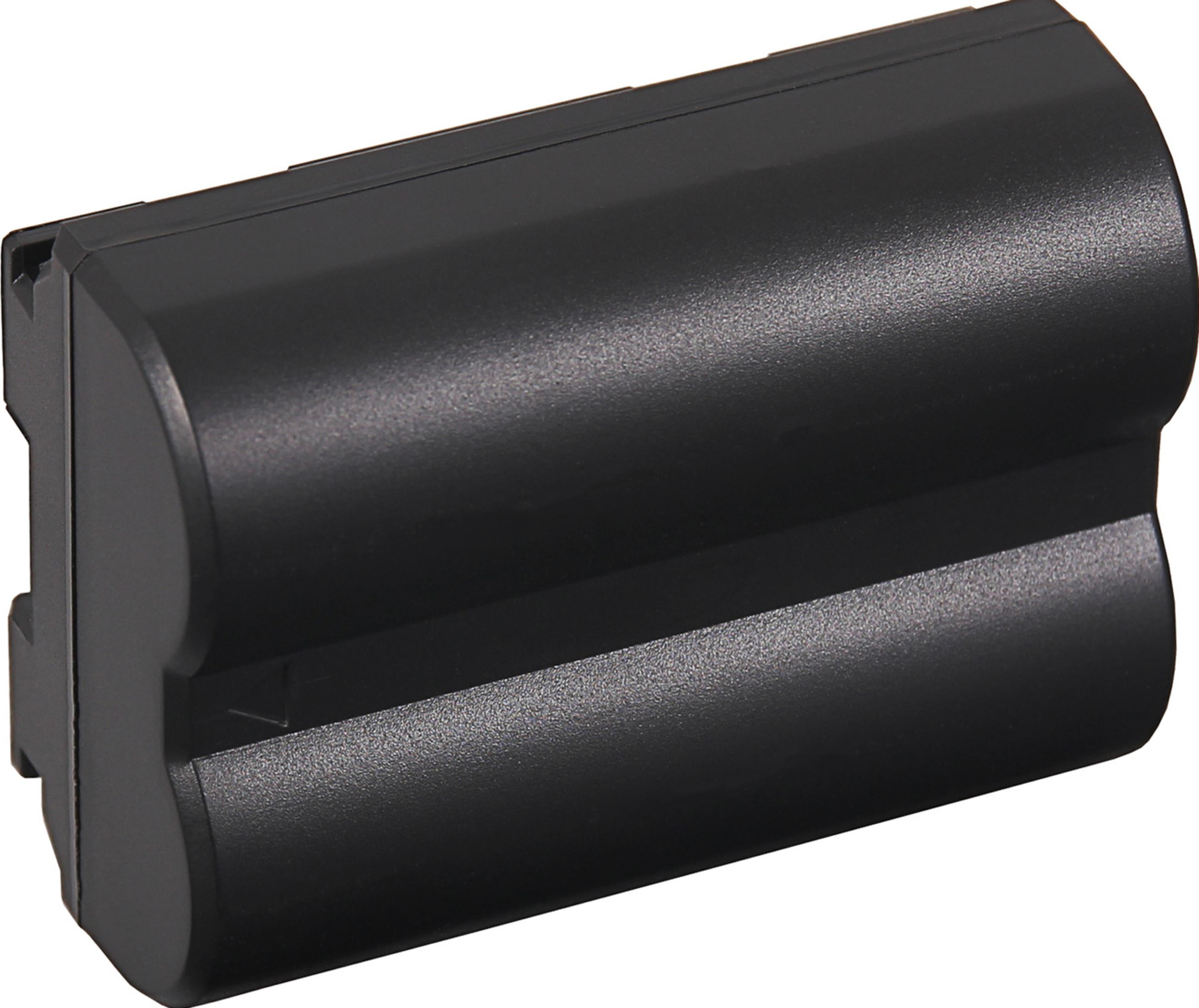 Pacco batteria nero con superficie leggermente testurizzata e bordi arrotondati.