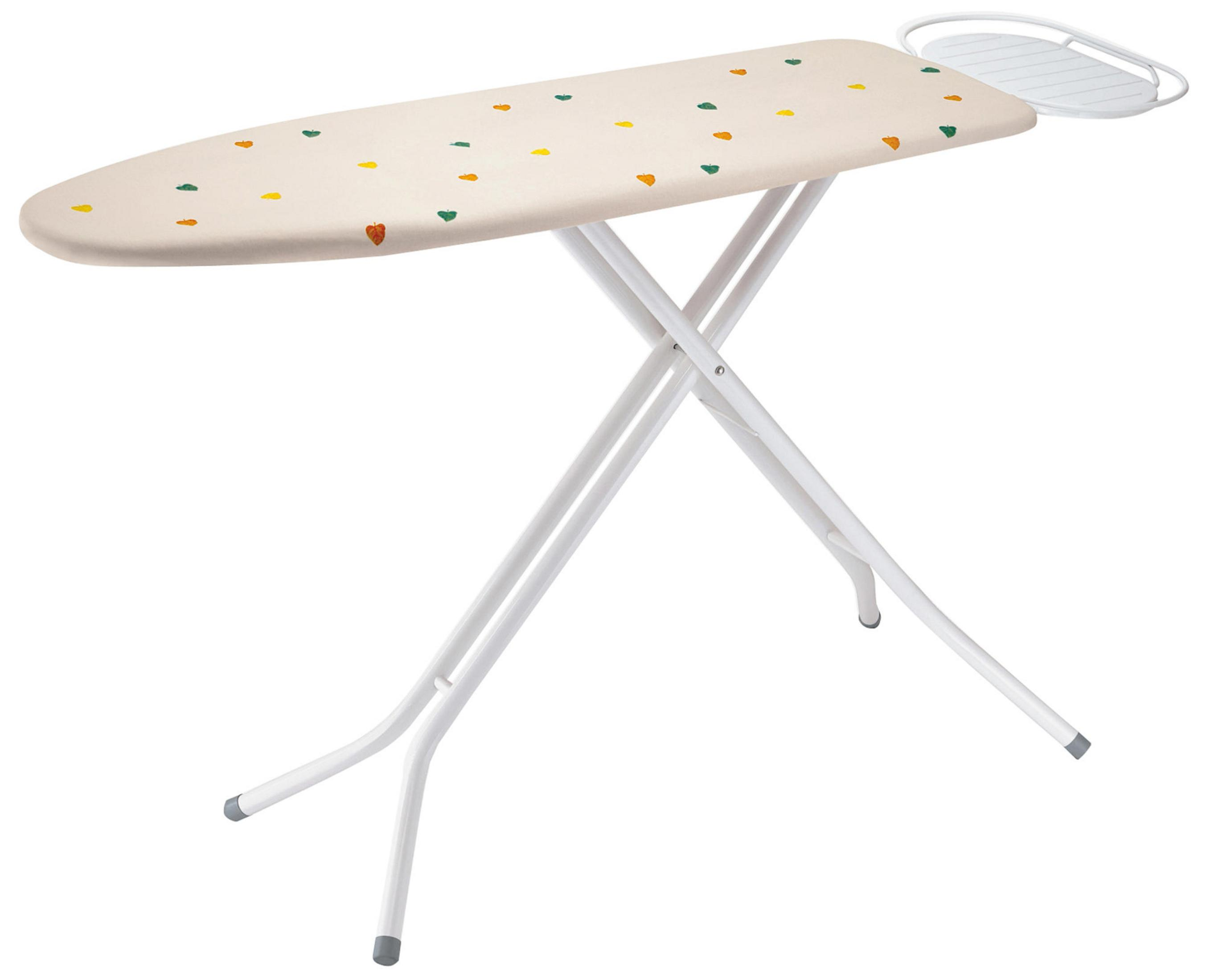 Ein weißer Bügeltisch mit Beinen, bedeckt mit kleinen bunten Blättern.