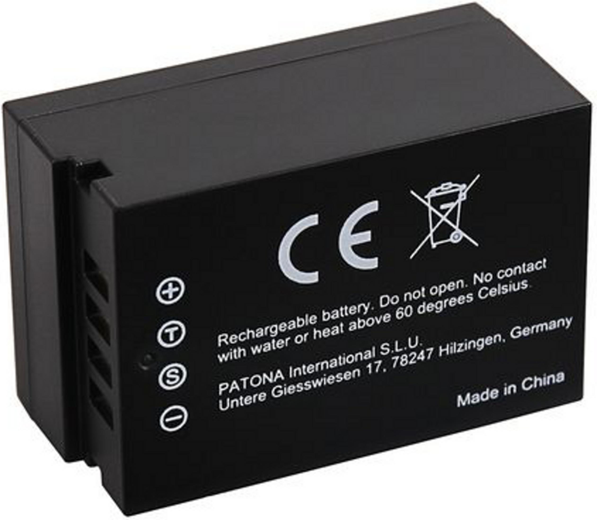 Schwarzer Akku mit CE-Zeichen, Warnsymbolen und Herstellerangaben.