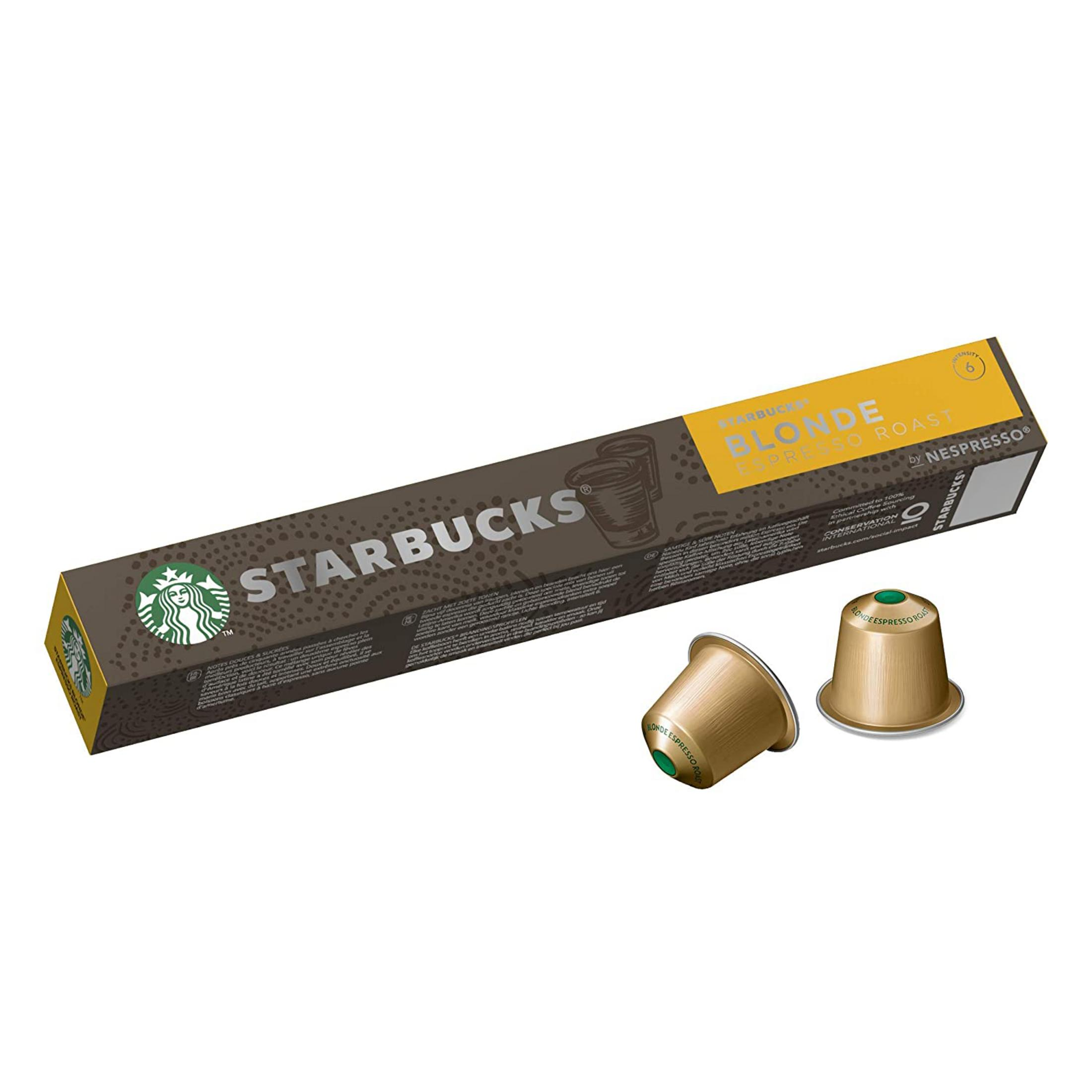 Starbucks Blonde Espresso Roast Kaffeekapseln mit Nespresso-Verpackung.