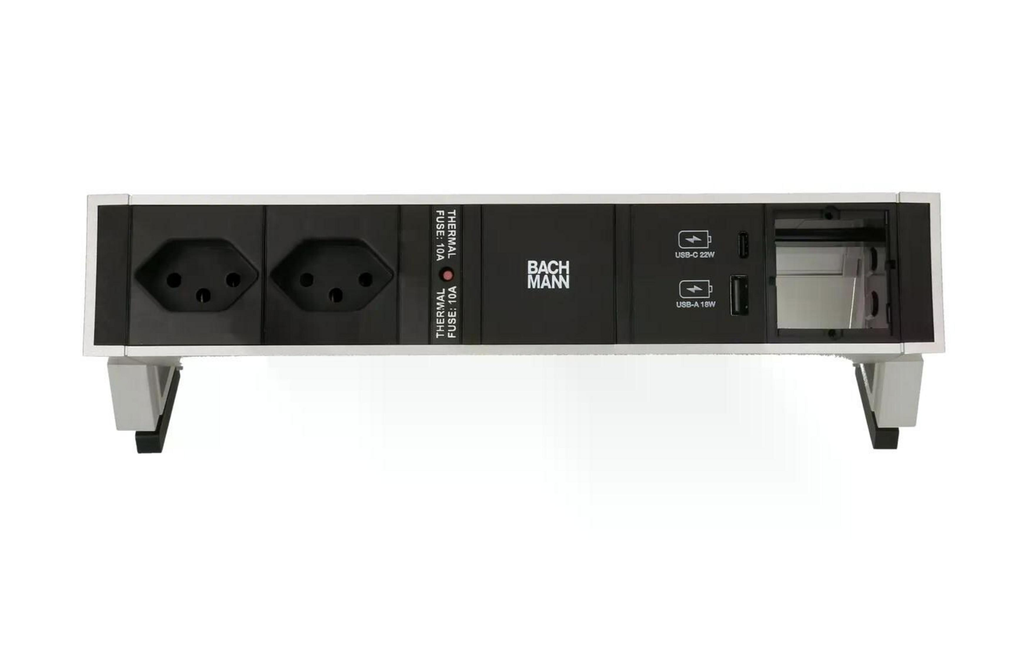 Eine schwarze Steckdosenleiste mit zwei Steckdosen, USB-C und USB-A Anschlüssen.