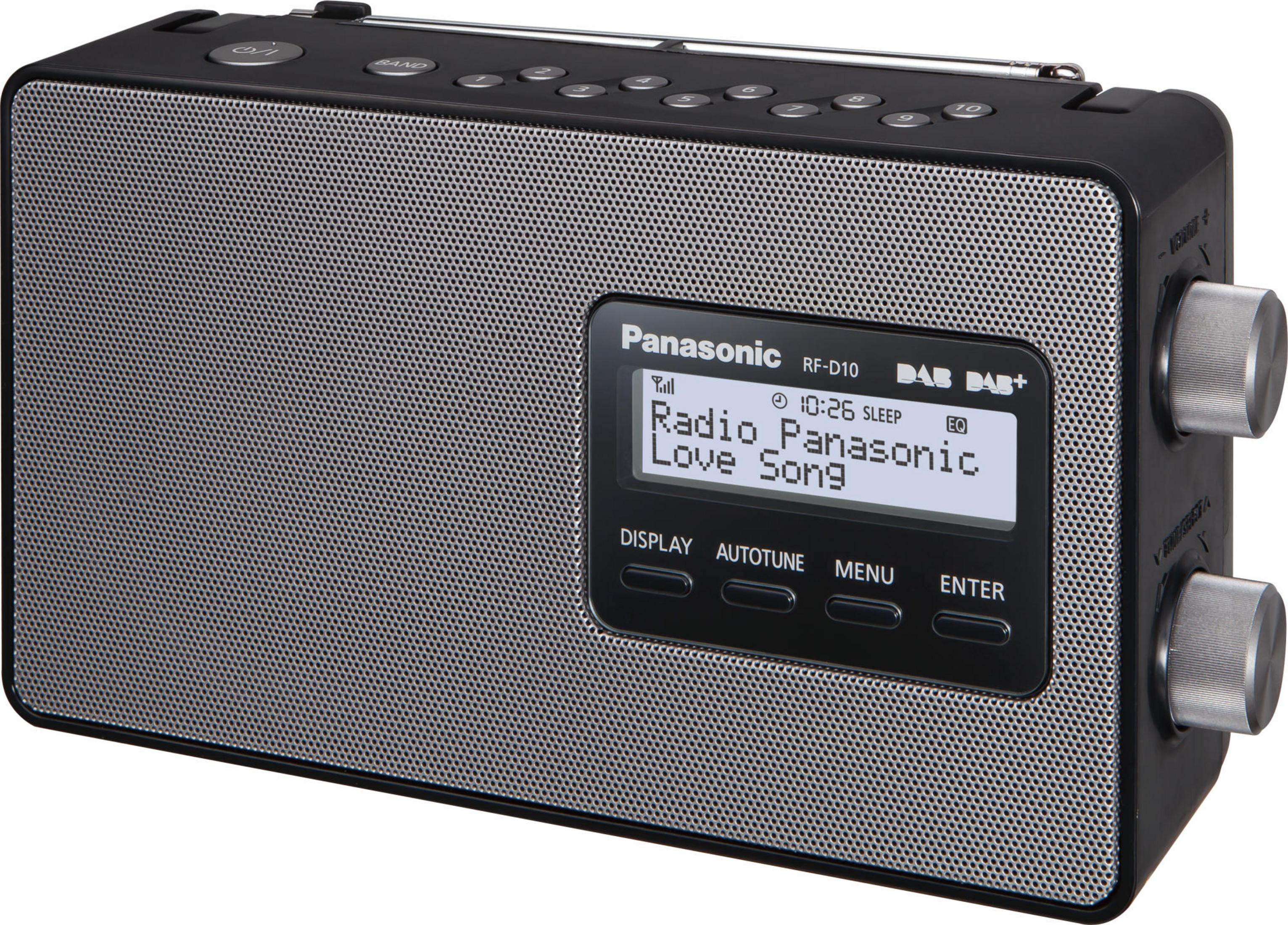 Czarno-srebrne radio Panasonic DAB+ z grillem i ekranem LCD.